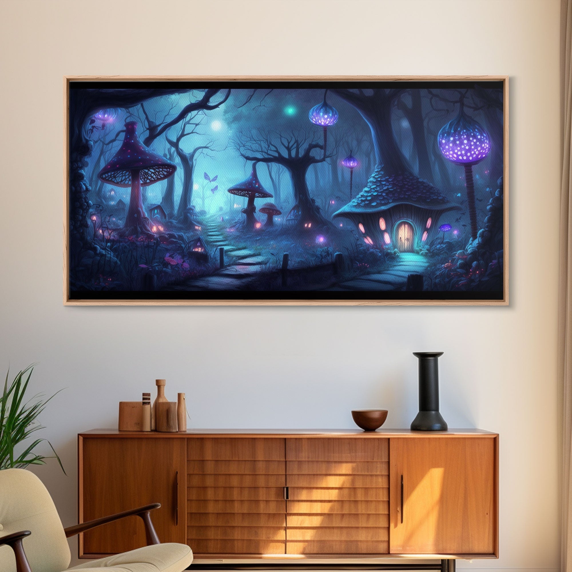 Magical Mushroom Fantasy Forest Wall Art, Framed Canvas Print, Game Room Art, Fantasy Decor | | Wiccan Center