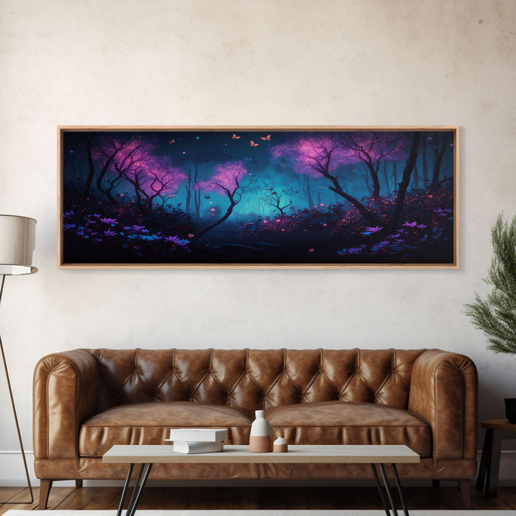 Beautiful Fantasy Forest, Framed Canvas Print, Fantasy Art, Butterflies and Fireflies Light up a Fairy Forest At Night, Framed Wall Art | | Wiccan Center