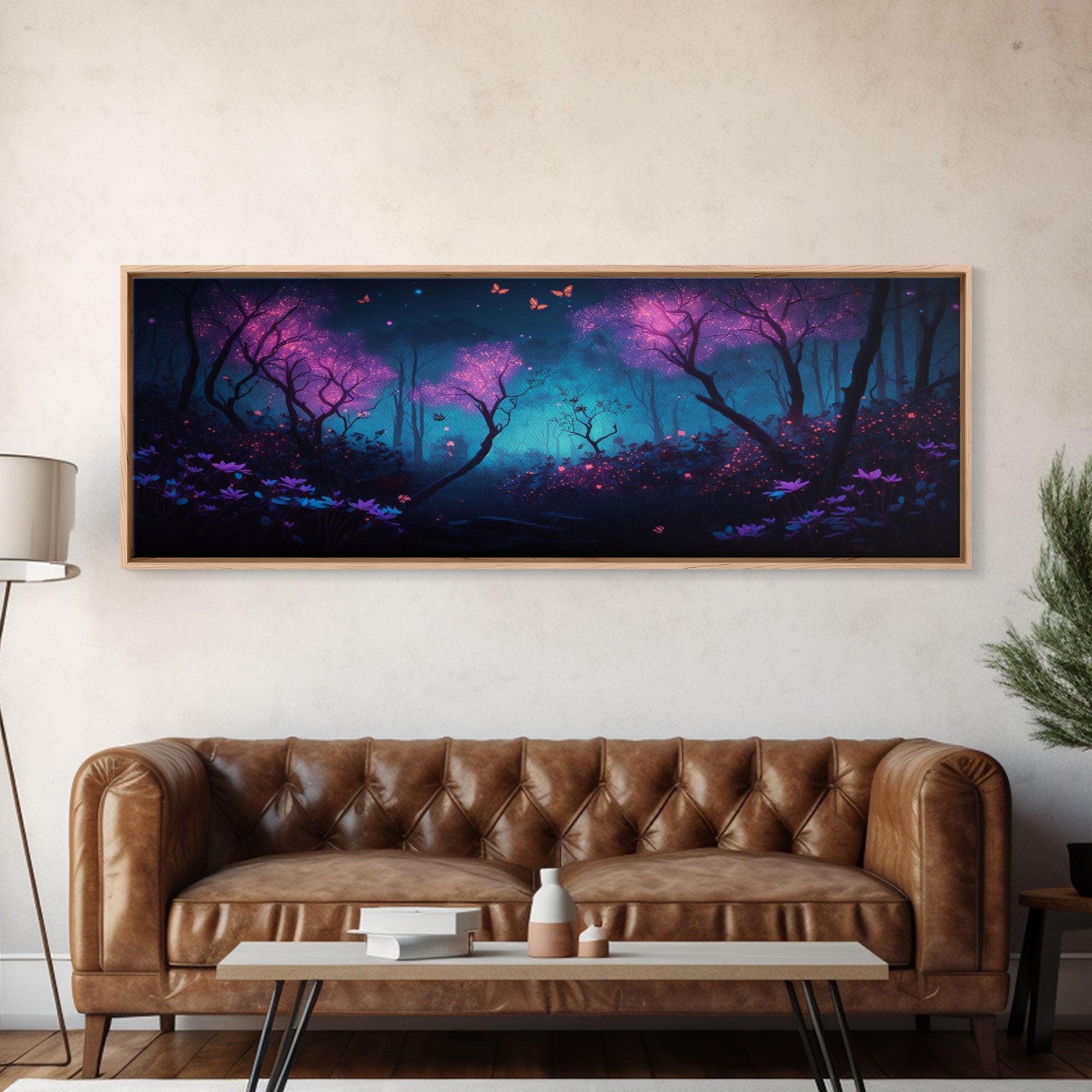 Beautiful Fantasy Forest, Framed Canvas Print, Fantasy Art, Butterflies and Fireflies Light up a Fairy Forest At Night, Framed Wall Art | | Wiccan Center
