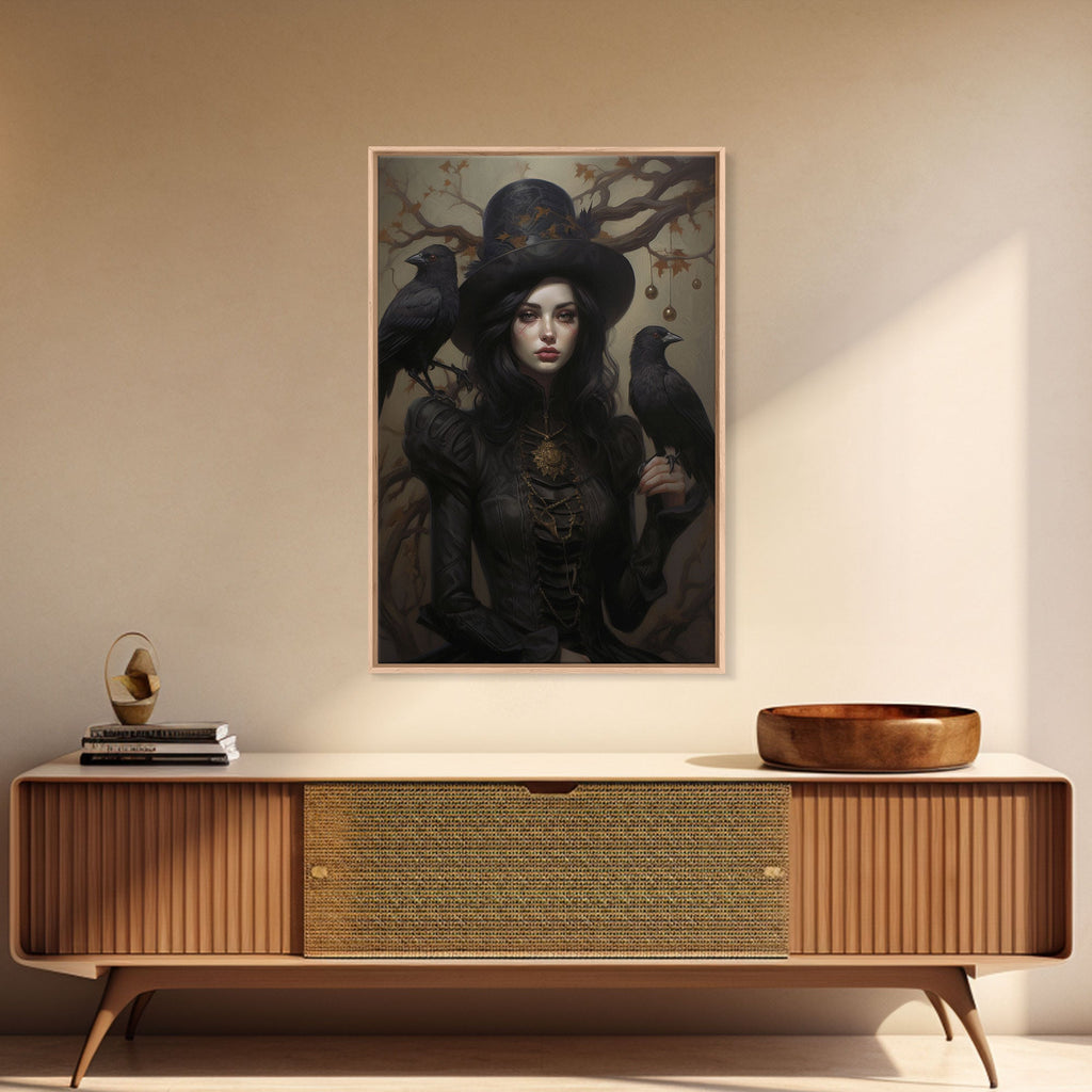The Witch and Her Ravens, Framed Canvas, Oil Painting Print, Halloween Decor, Gothic Art, Dark Academia, Witchcraft Halloween Art | | Wiccan Center