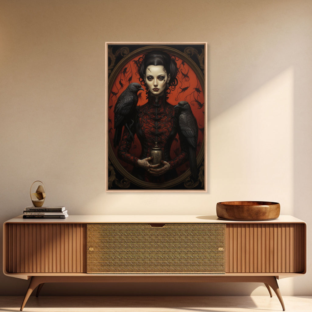 The Witch and Her Crows, Framed Canvas, Oil Painting Print, Halloween Decor, Gothic Art, Dark Academia, Witchcraft Halloween Art, Raven Art | | Wiccan Center