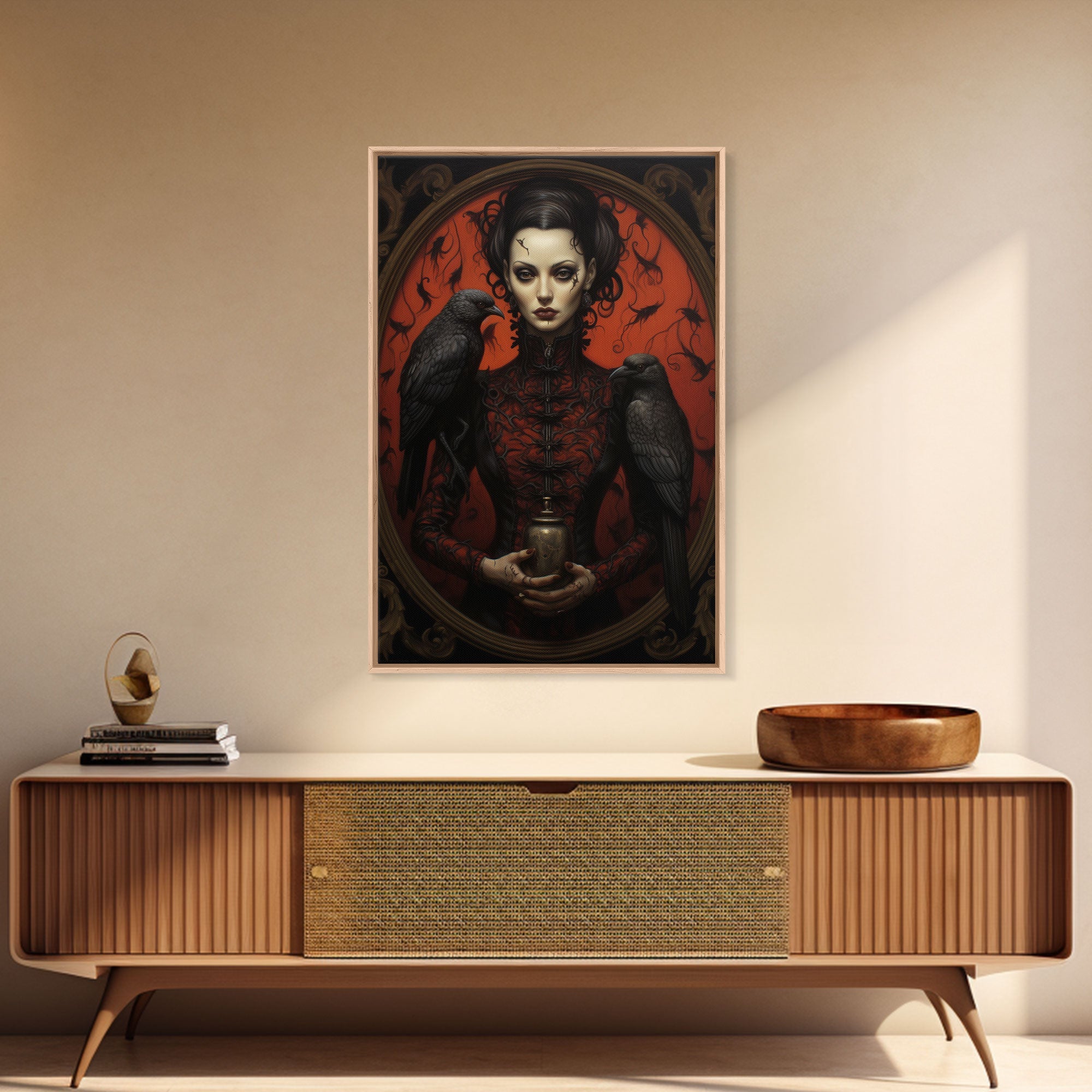 The Witch and Her Crows, Framed Canvas, Oil Painting Print, Halloween Decor, Gothic Art, Dark Academia, Witchcraft Halloween Art, Raven Art | | Wiccan Center
