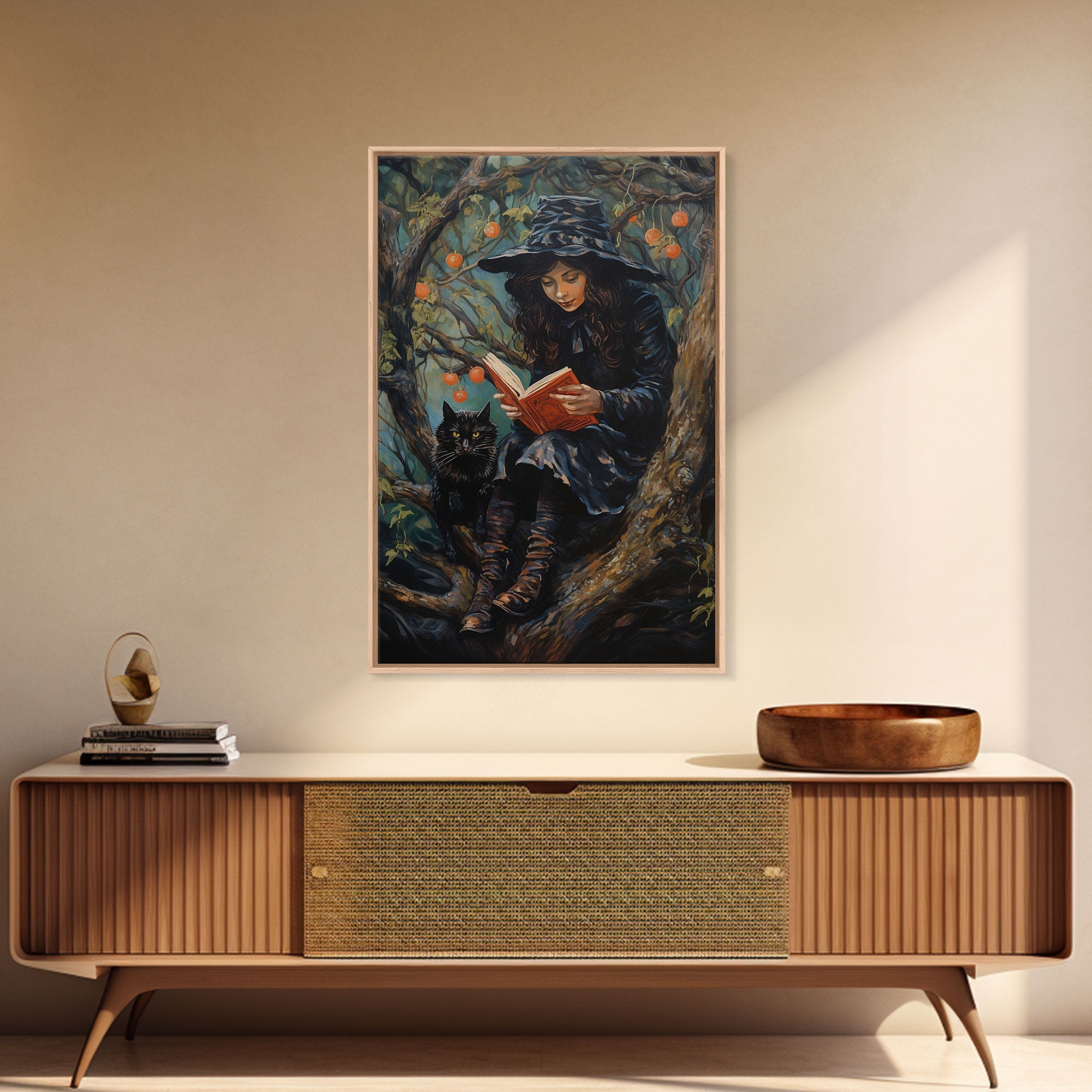 Cute Witch Reading Spells To Her Black Cat Familiar, Vintage Halloween Art, Framed Canvas Print, Halloween Canvas Art, Witchcraft | | Wiccan Center
