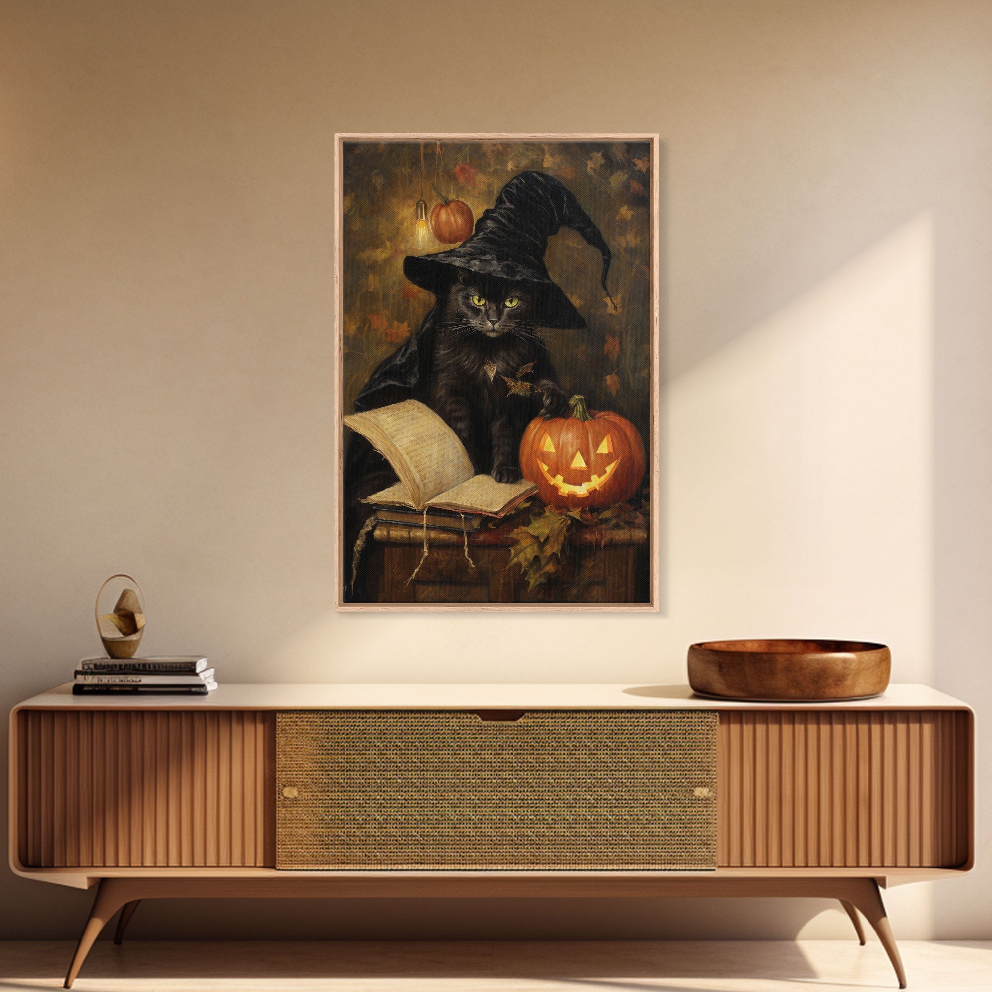 Cute Witch Cat Reading Her Book Of Spells, Vintage Halloween Art, Framed Canvas Print, Halloween Canvas Art, Witchcraft | | Wiccan Center