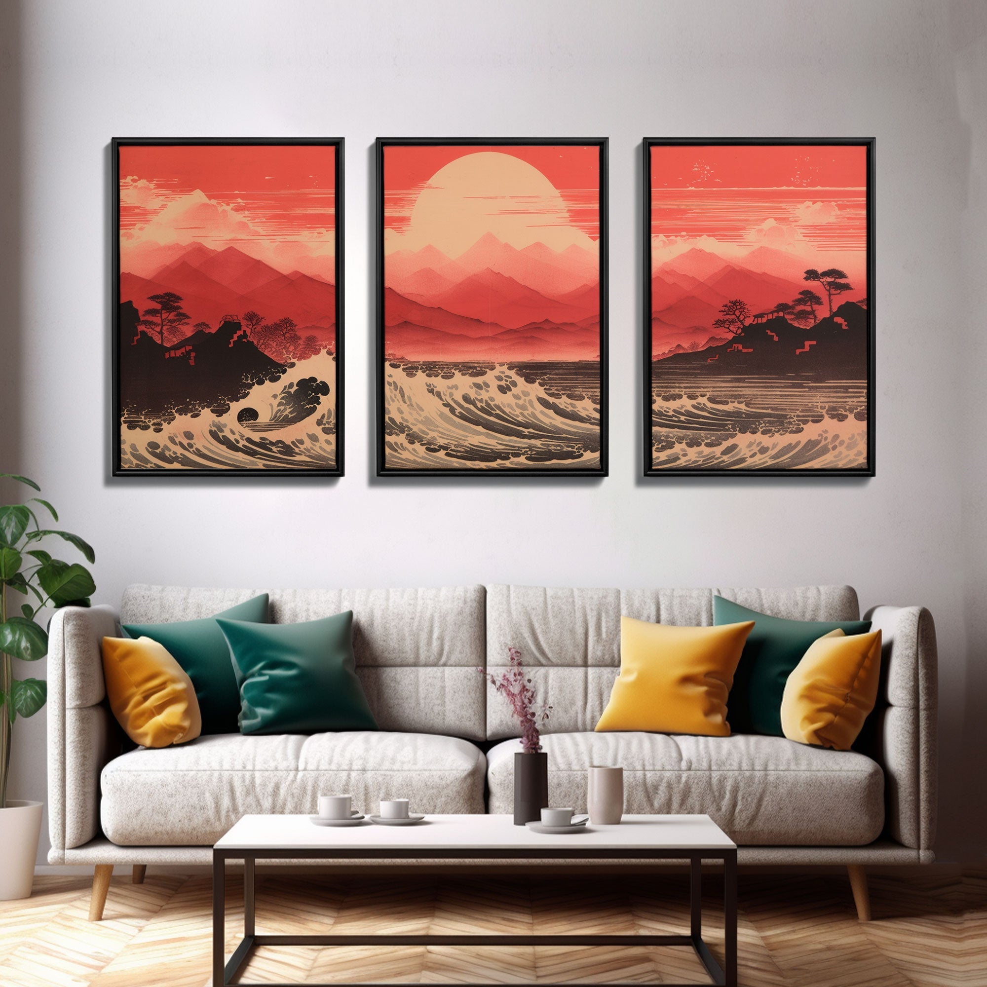 Ocean Wall Art, Ocean Waves, Mountains Print, Sunset Print, Canvas Print, Wall Art, 3 Piece Wall Art, Retro Wall Decor, Seascape Wall Art | | Wiccan Center