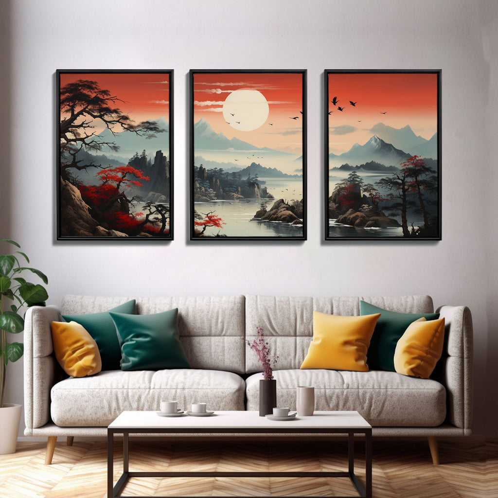 Japanese Wall Art, Mountains Print, Sunset Print, Canvas Print, Wall Art, 3 Piece Wall Art, Unique Wall Decor, Living Room Wall Art | | Wiccan Center