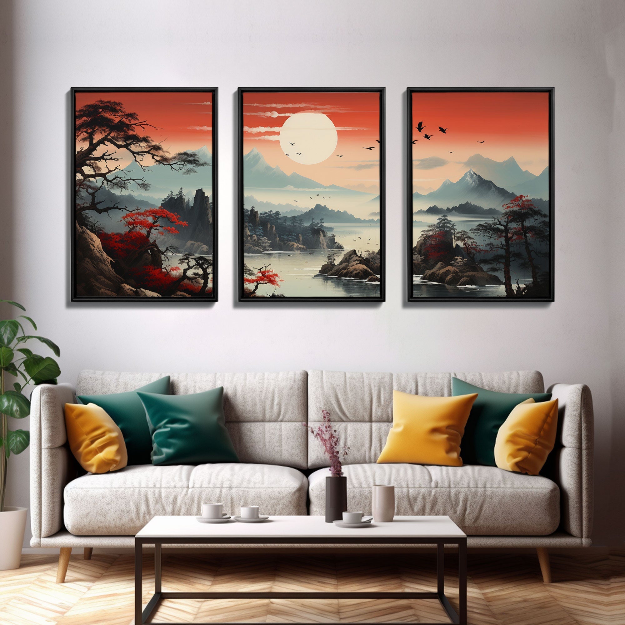 Japanese Wall Art, Mountains Print, Sunset Print, Canvas Print, Wall Art, 3 Piece Wall Art, Unique Wall Decor, Living Room Wall Art | | Wiccan Center