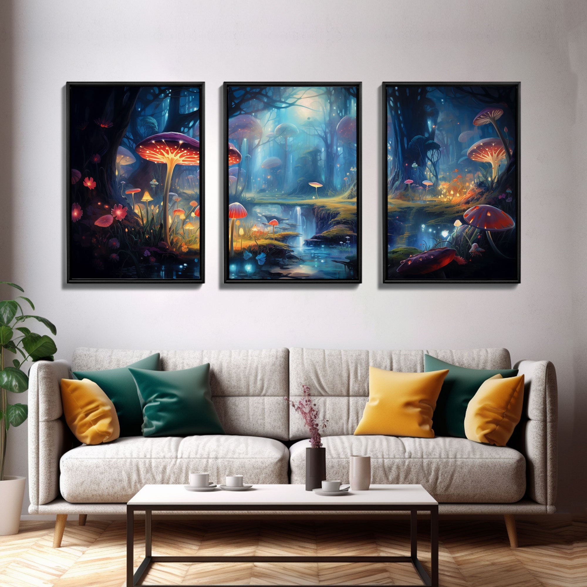 Magical dark forest art print on canvas, fantasy forest, oil style painting, large landscape wall art for home, ready to hang, 3 Piece Art | | Wiccan Center