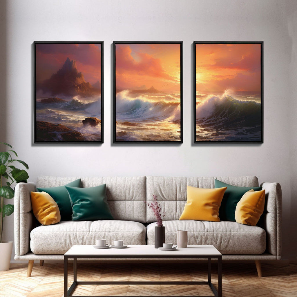 3 Piece Art Set, Seascape Painting Canvas Print, Beach House Decor, Sunset Painting, Original Painting, Boho Style Living Room Art | | Wiccan Center