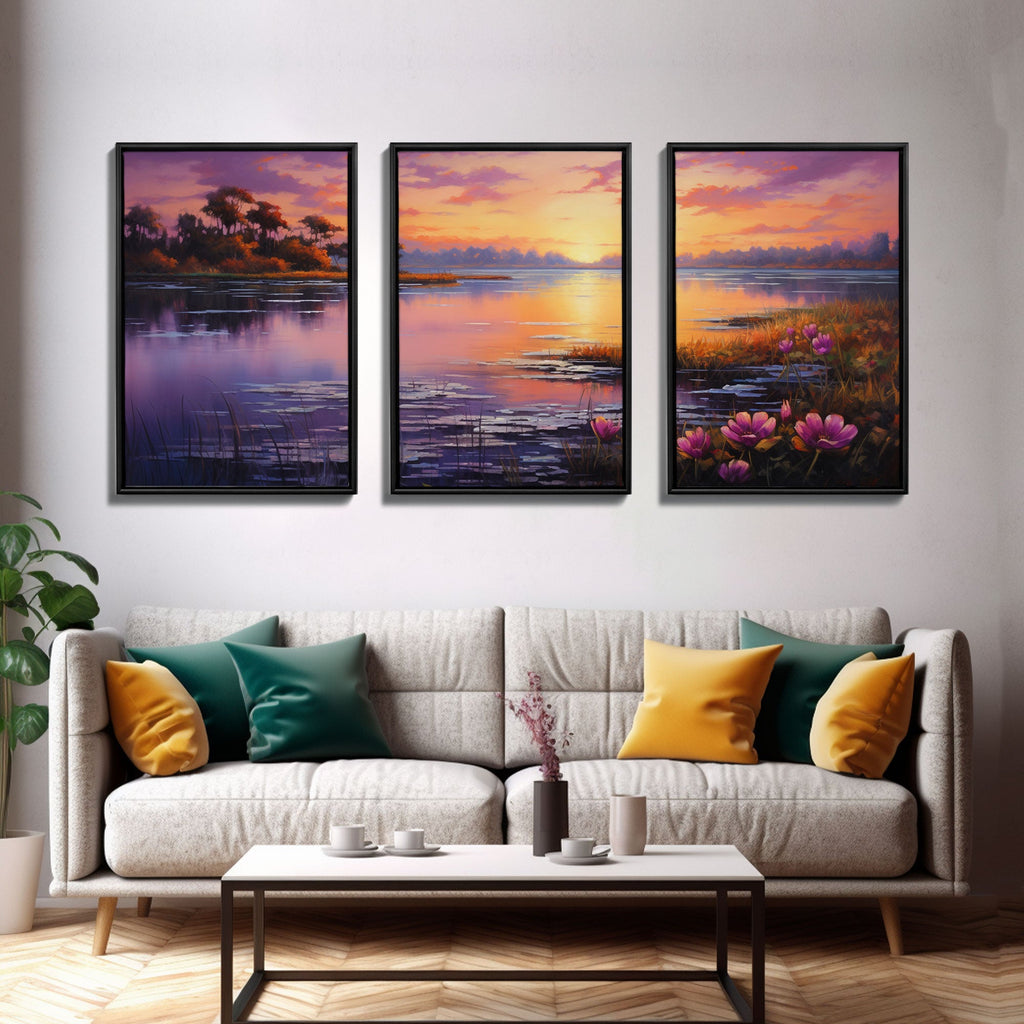 Beautiful 3 Piece Wall Art, Framed Canvas Print, 3 Piece Set, Lake House Decor, Sunset Over The Purple Marsh, Above Sofa Art | | Wiccan Center
