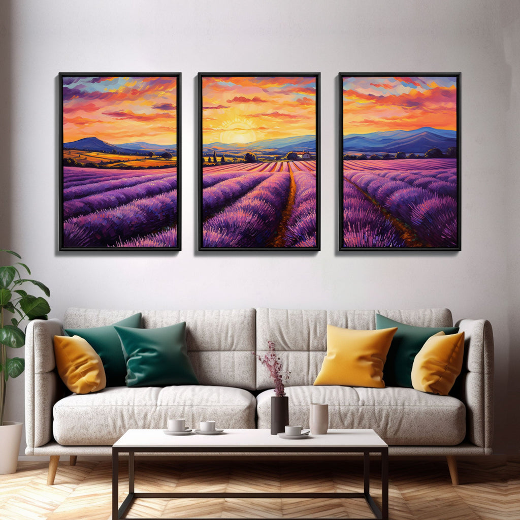 Purple Lavender Fields, 3 Piece Wall Art, Framed Canvas Print, Beautiful Original Landscape Painting, Sunset Painting, Farmhouse Decor | | Wiccan Center