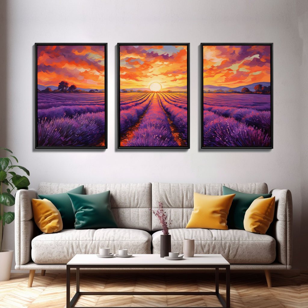 Purple Lavender Fields, 3 Piece Wall Art, Framed Canvas Print, Beautiful Original Landscape Painting, Sunset Painting, Farmhouse Decor | | Wiccan Center