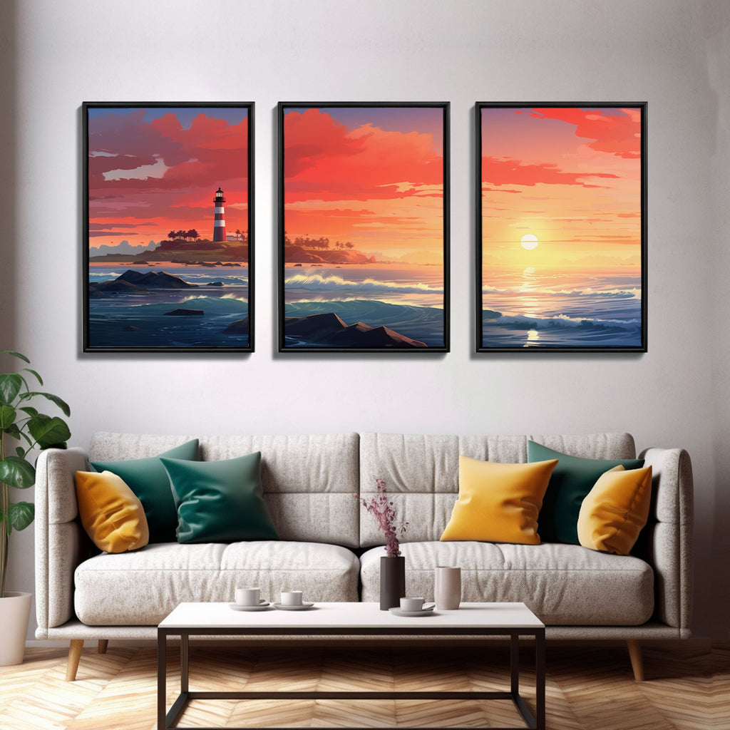Sunset Wall Art, Light House Decor, Ocean Art Print, Canvas Print, Wall Art, 3 Piece Wall Art, Nautical Print, Seascape Art Print, Cozy Gift | | Wiccan Center