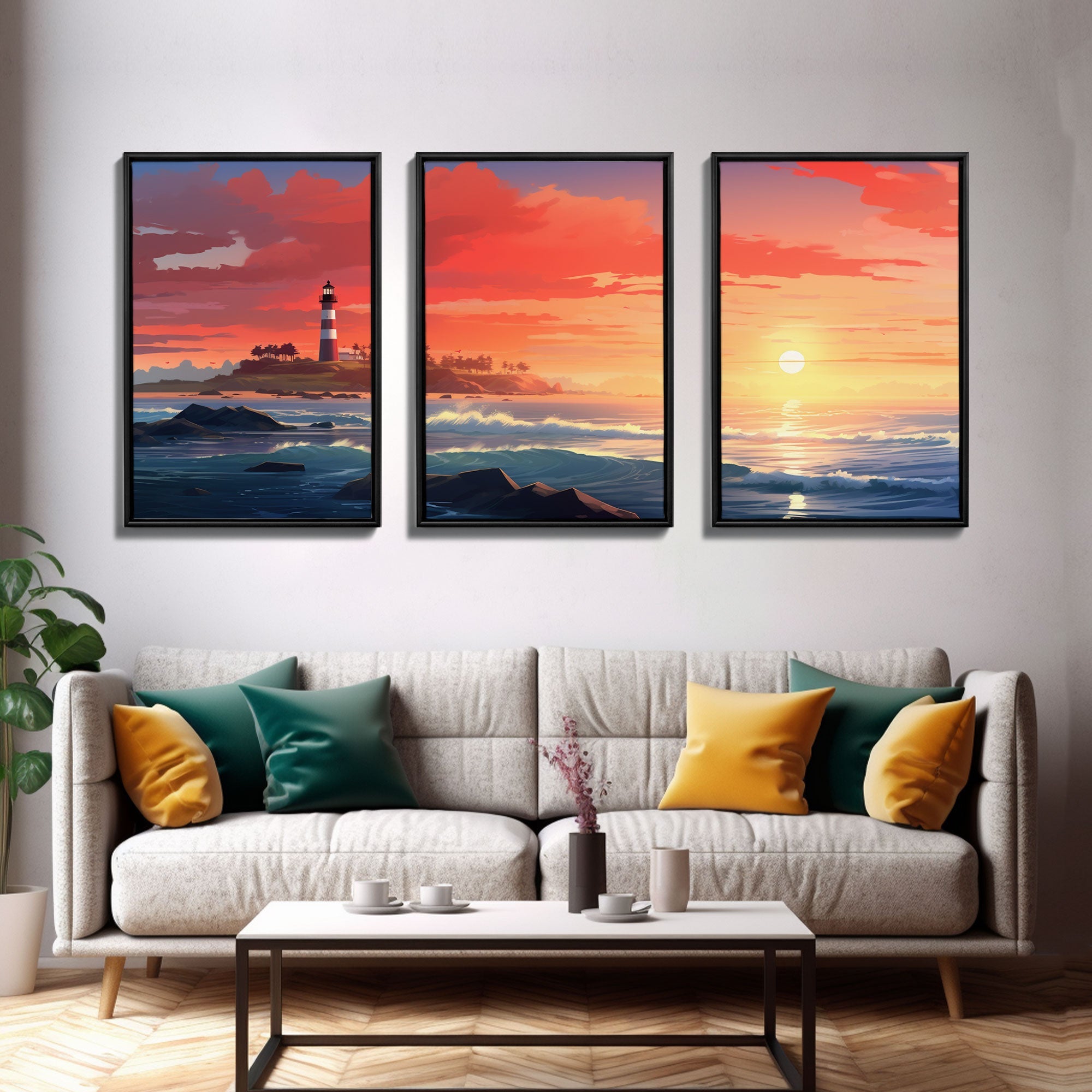Sunset Wall Art, Light House Decor, Ocean Art Print, Canvas Print, Wall Art, 3 Piece Wall Art, Nautical Print, Seascape Art Print, Cozy Gift | | Wiccan Center