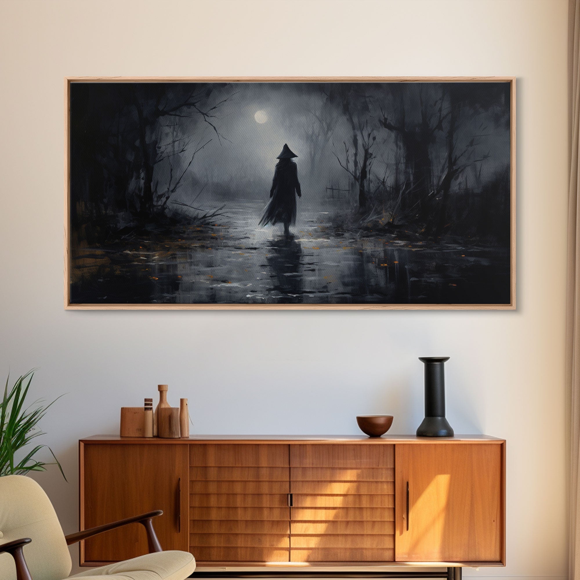 Witch Walking In The Rain Under A Full Moon, Witch Print, Framed Canvas or Poster, Victorian Oil Painting, Dark Academia, Witchcraft Decor | | Wiccan Center
