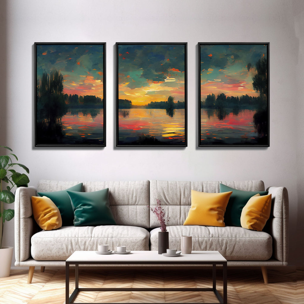 Lakehouse Canvas Print, watercolor painting of a sunset reflected on a lake, 3 Piece Wall Art, Ready To Hang Canvas Print | | Wiccan Center