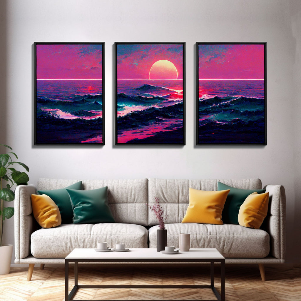 Outrun Style Synthwave Sunset Ocean Waves, 3 Piece Wall Art, Ready To Hang Canvas Print, Cool Unique Lakehouse Wall Art Decor | | Wiccan Center