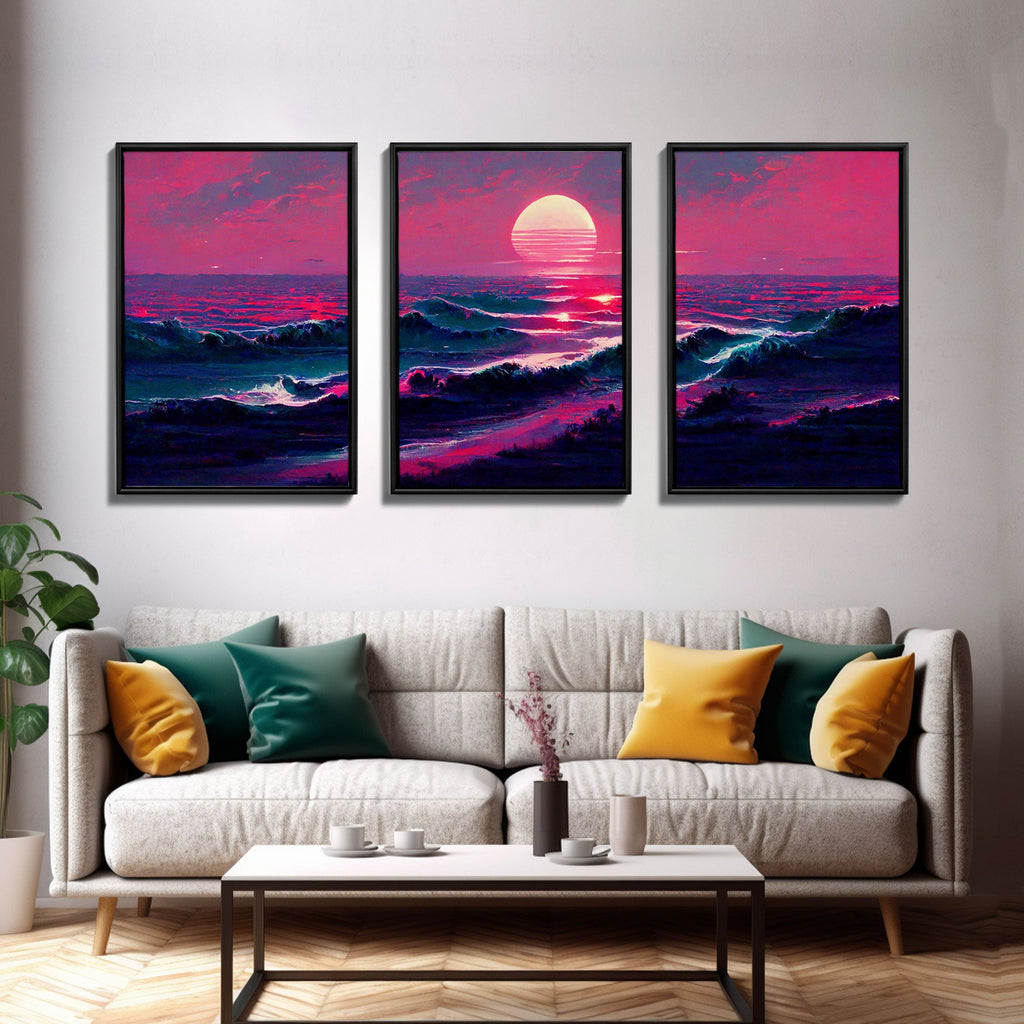 Outrun Style Synthwave Sunset Ocean Waves, 3 Piece Wall Art, Ready To Hang Canvas Print, Cool Unique Lakehouse Wall Art Decor | | Wiccan Center