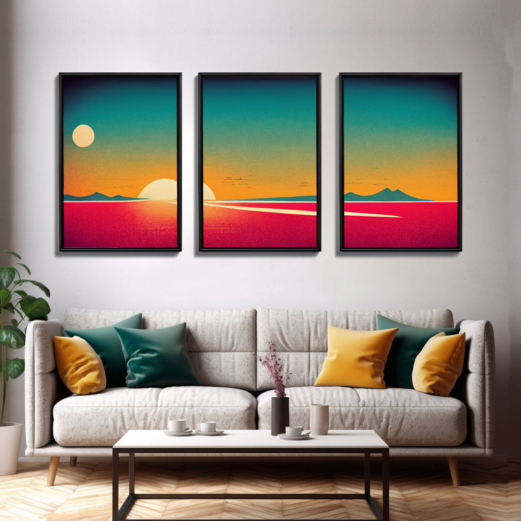 Art Deco Sunset, 3 Piece Wall Art, Ready To Hang Canvas Print, Cool Unique Living Room Wall Art Decor | | Wiccan Center