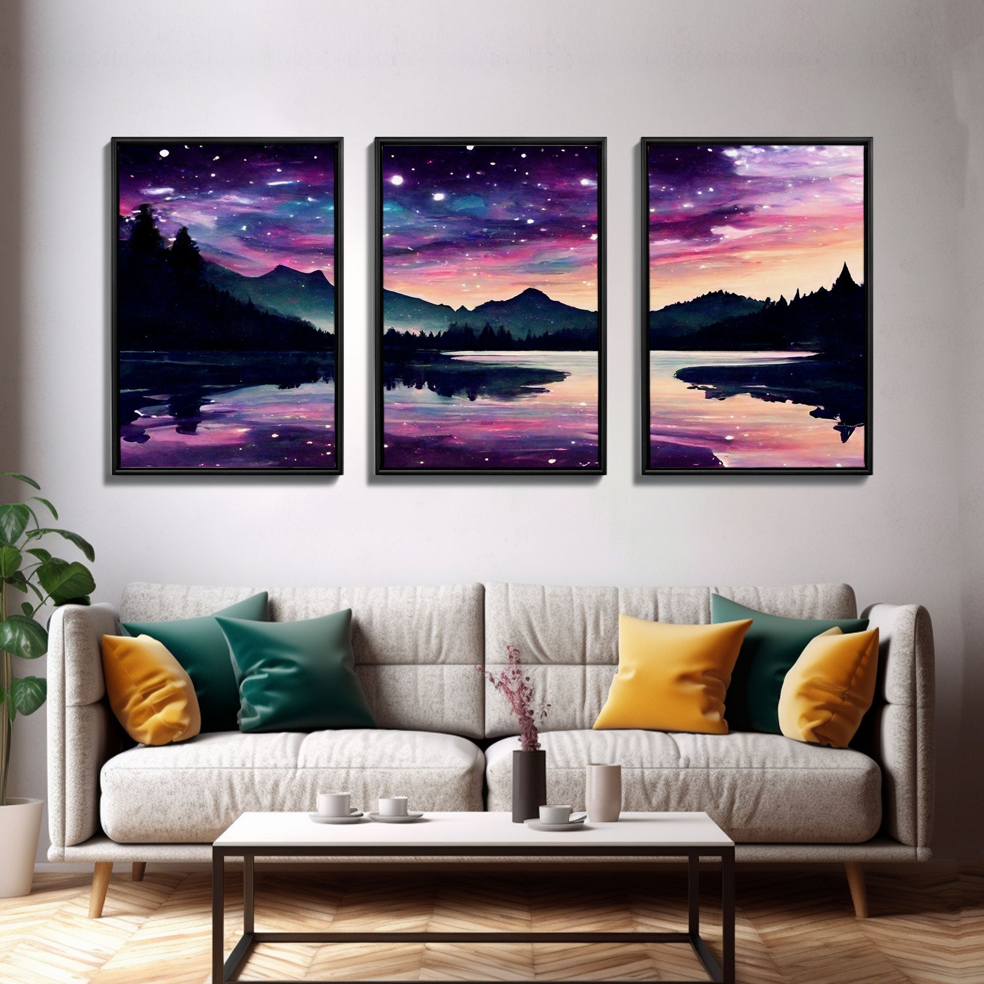 Fantasy Starry Night Magical Forest Landscape, 3 Piece Wall Art, Ready To Hang Canvas Print, Cool Unique Living Room Wall Art Decor | | Wiccan Center