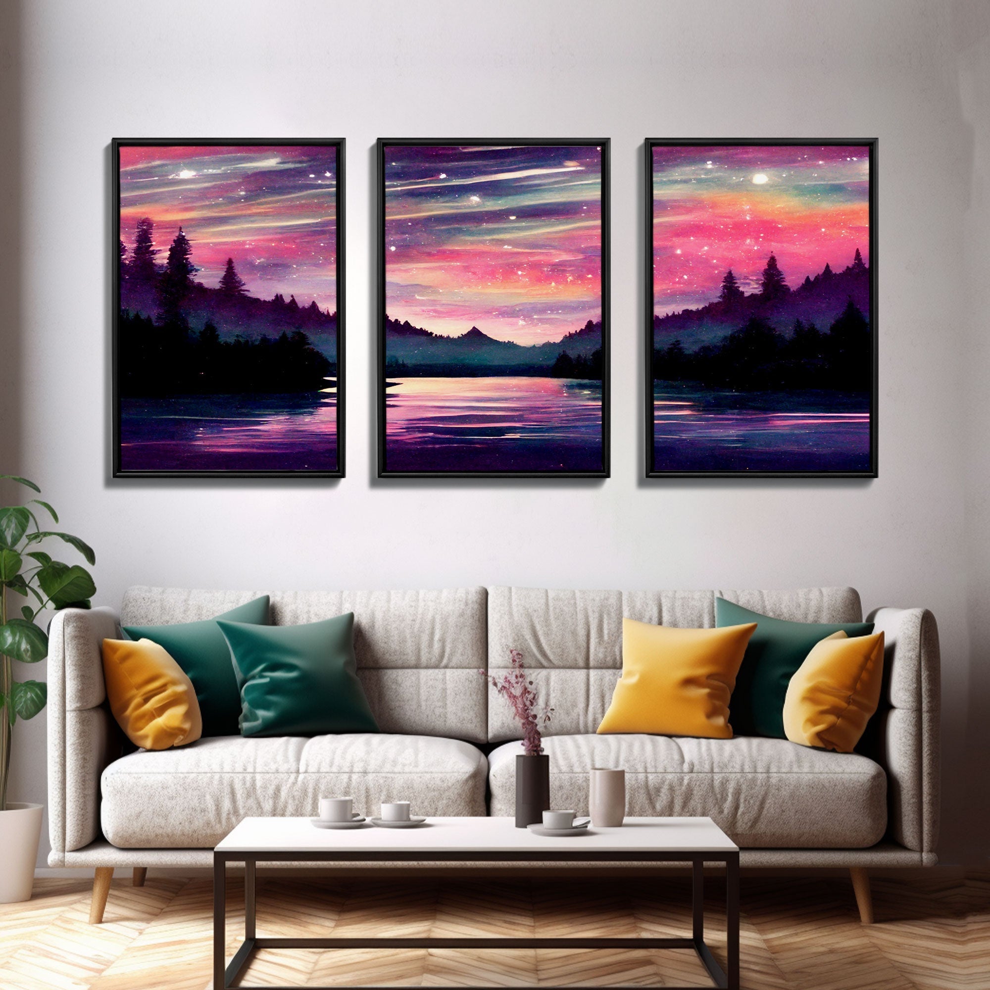 Starry Night Magical Forest Fantasy Landscape, 3 Piece Wall Art, Ready To Hang Canvas Print, Cool Living Room Wall Art Decor | | Wiccan Center