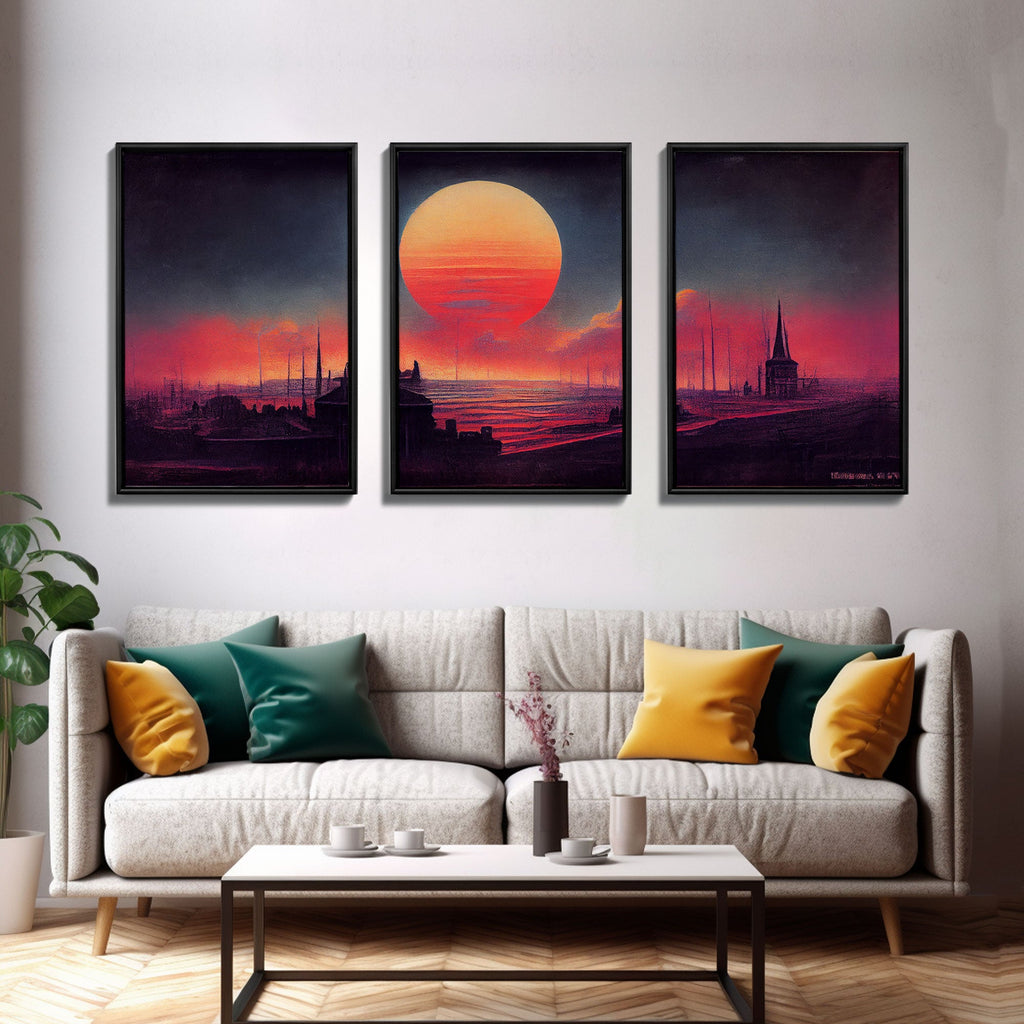 Haunted Sunset, Spooky Halloween Art, Gloomy Wall Decor, 3 Piece Canvas Decor, 3 Piece Wall Art, Ready To Hang Canvas Prints | | Wiccan Center