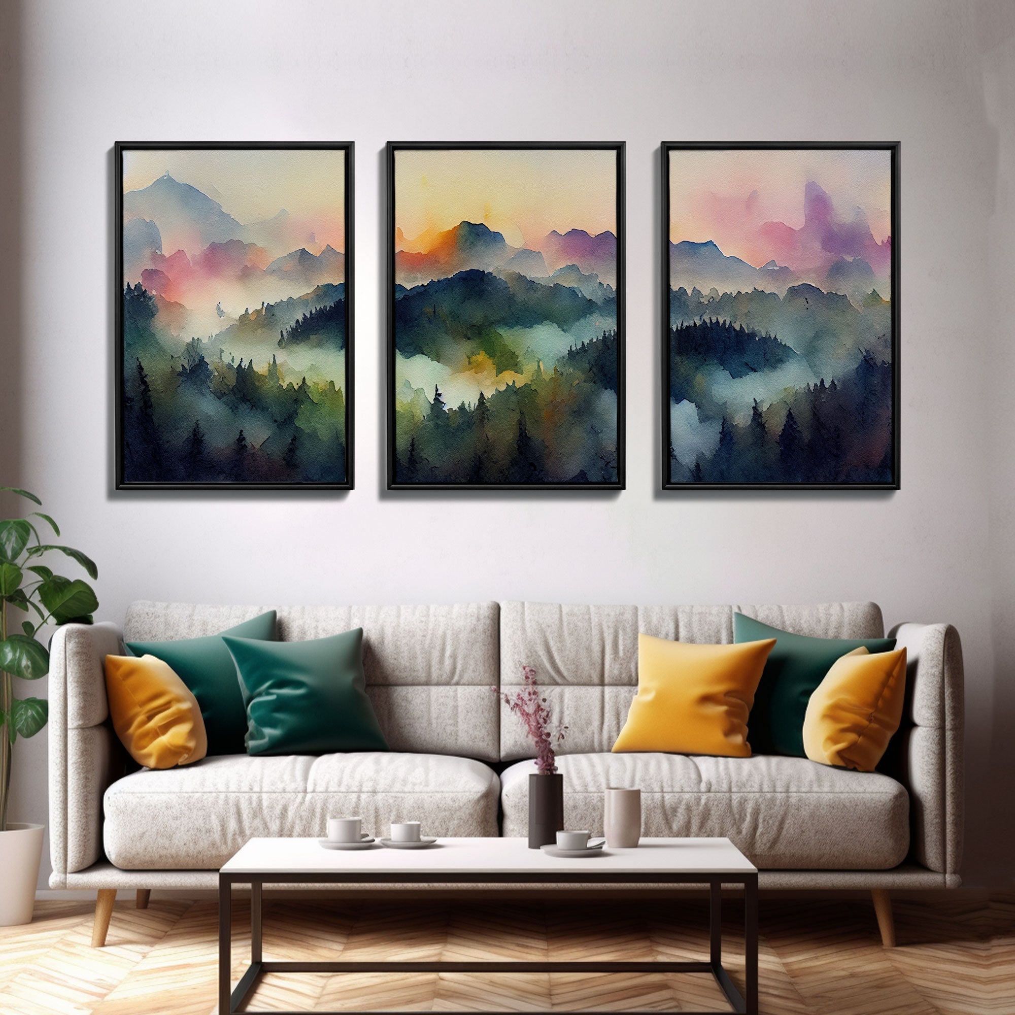 Dramatic Watercolor Sunset Landscape Abstract, Landscape Art, 3 Piece Canvas Decor, 3 Piece Wall Art, Ready To Hang Canvas Prints | | Wiccan Center