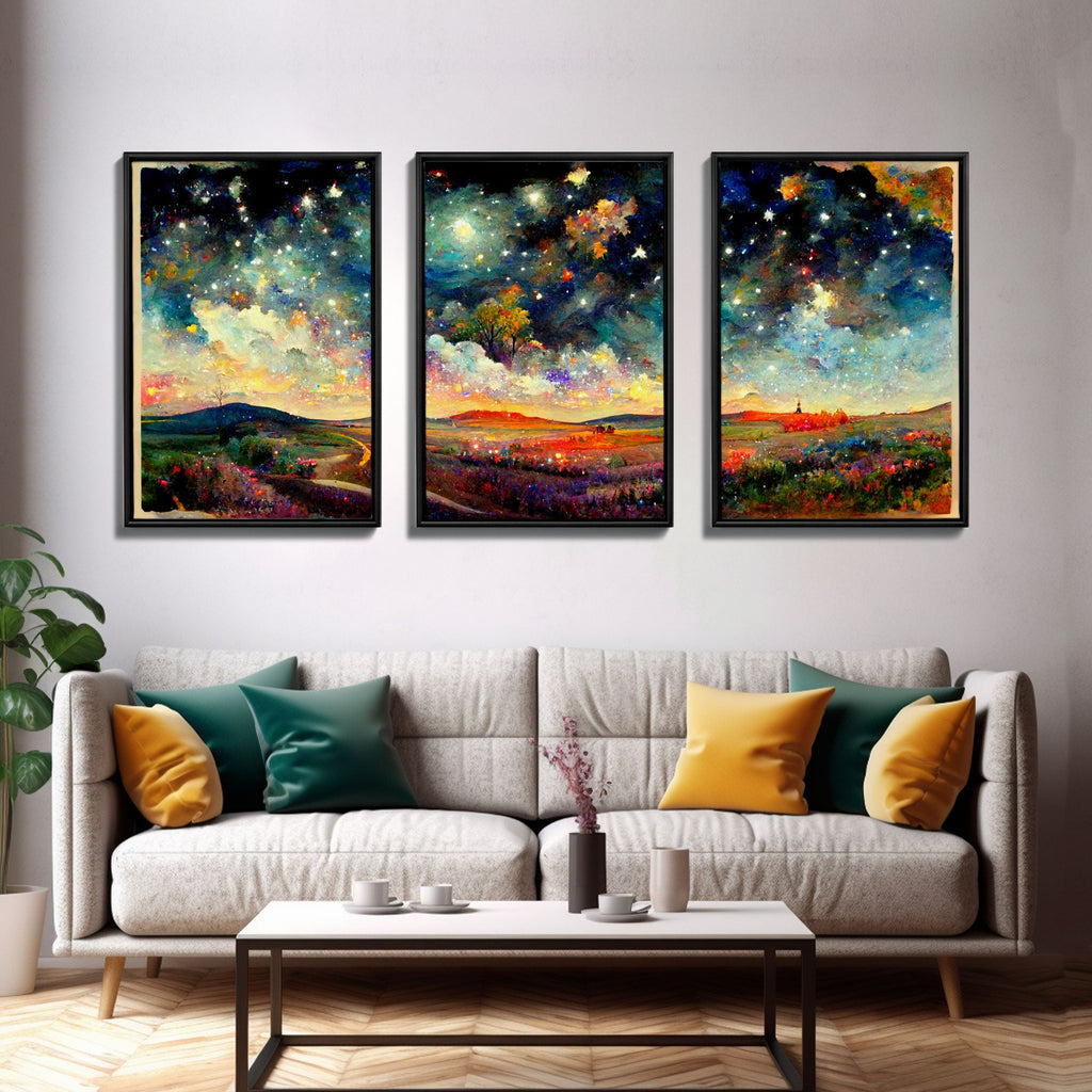 Night Starry Sky Landscape Colorful Night Sky Nature Living Room Wall Art Spiritual Starry, 3 Piece Wall Art, Ready To Hang Canvas Print | | Wiccan Center