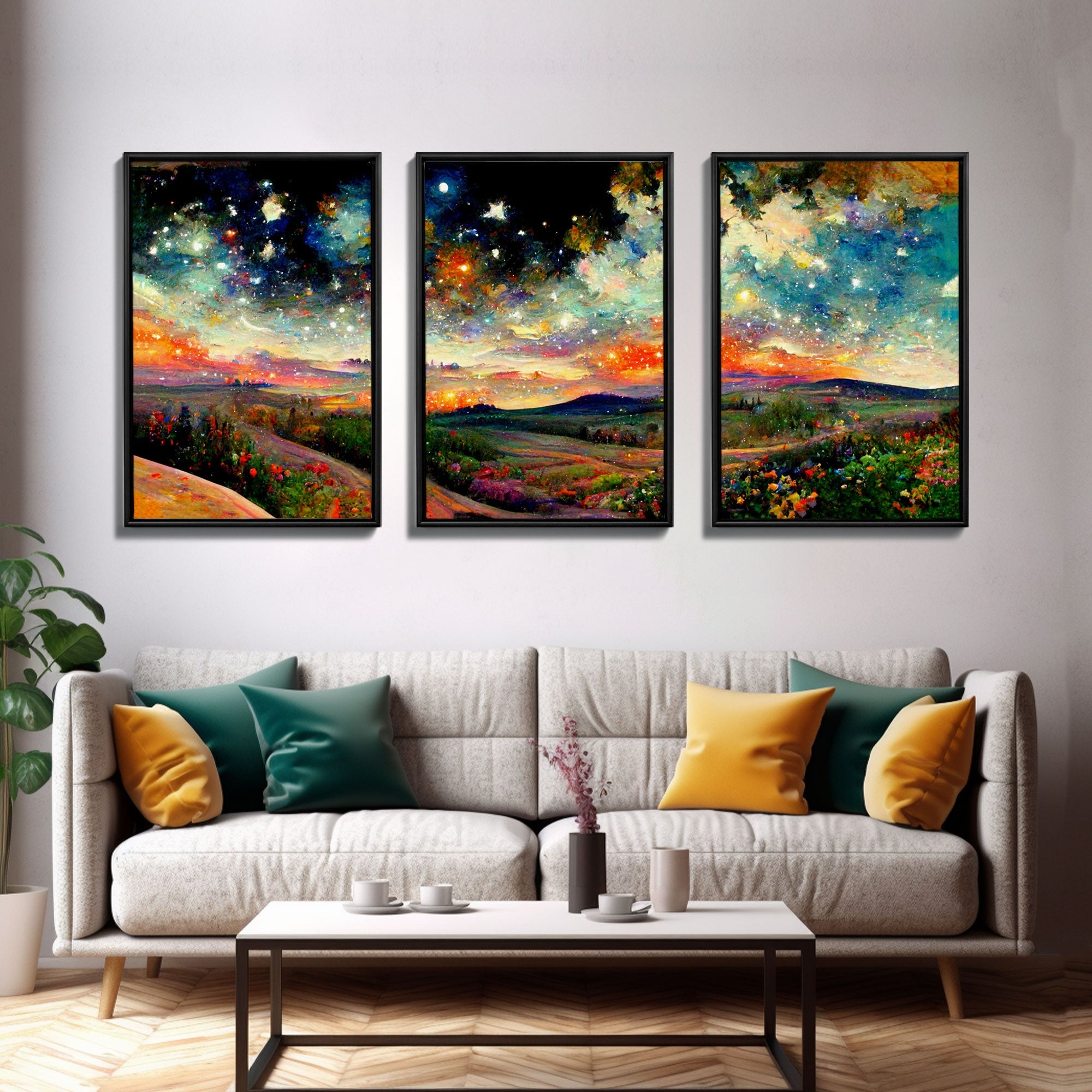 Night Starry Sky Landscape Colorful Night Sky Nature Living Room Wall Art Spiritual Starry, 3 Piece Wall Art, Ready To Hang Canvas Print | | Wiccan Center