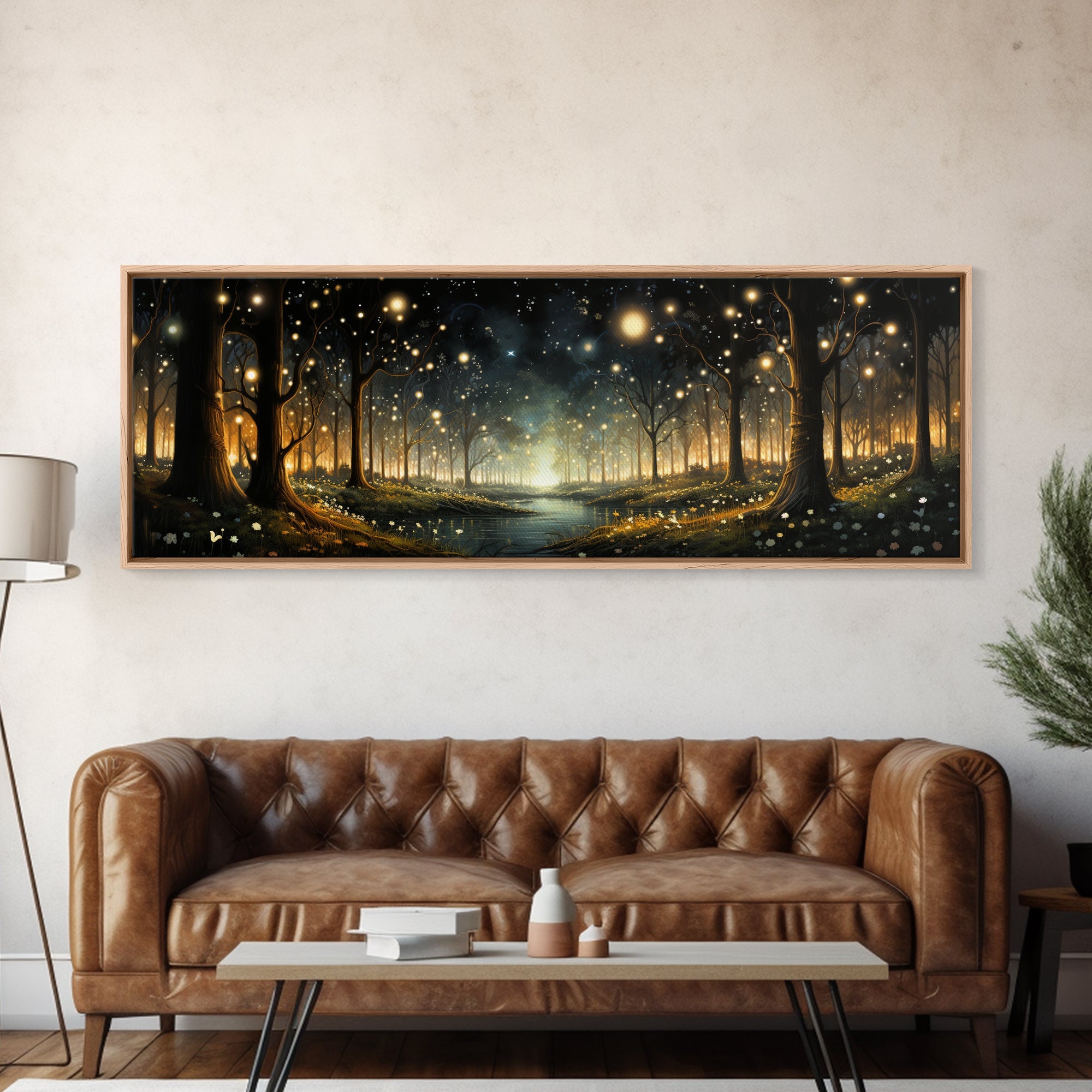 Fantasy Forest Fireflies - Framed Canvas Print - Gorgeous Fantasy Art with Glowing Lightning Bugs - Framed Wall Art for a Magical Touch | | Wiccan Center