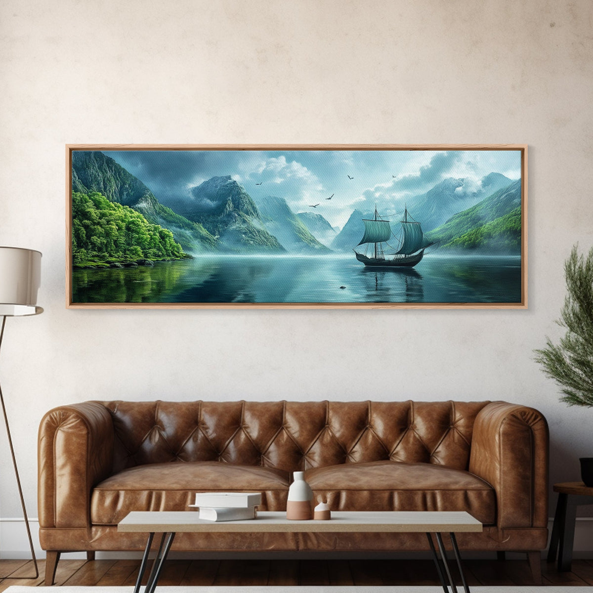 Pirate Ship In The Bay - Framed Canvas Print - Fantasy Decor - Original Landscape Oil Painting - Vintage Ship Painting - Panoramic Art
