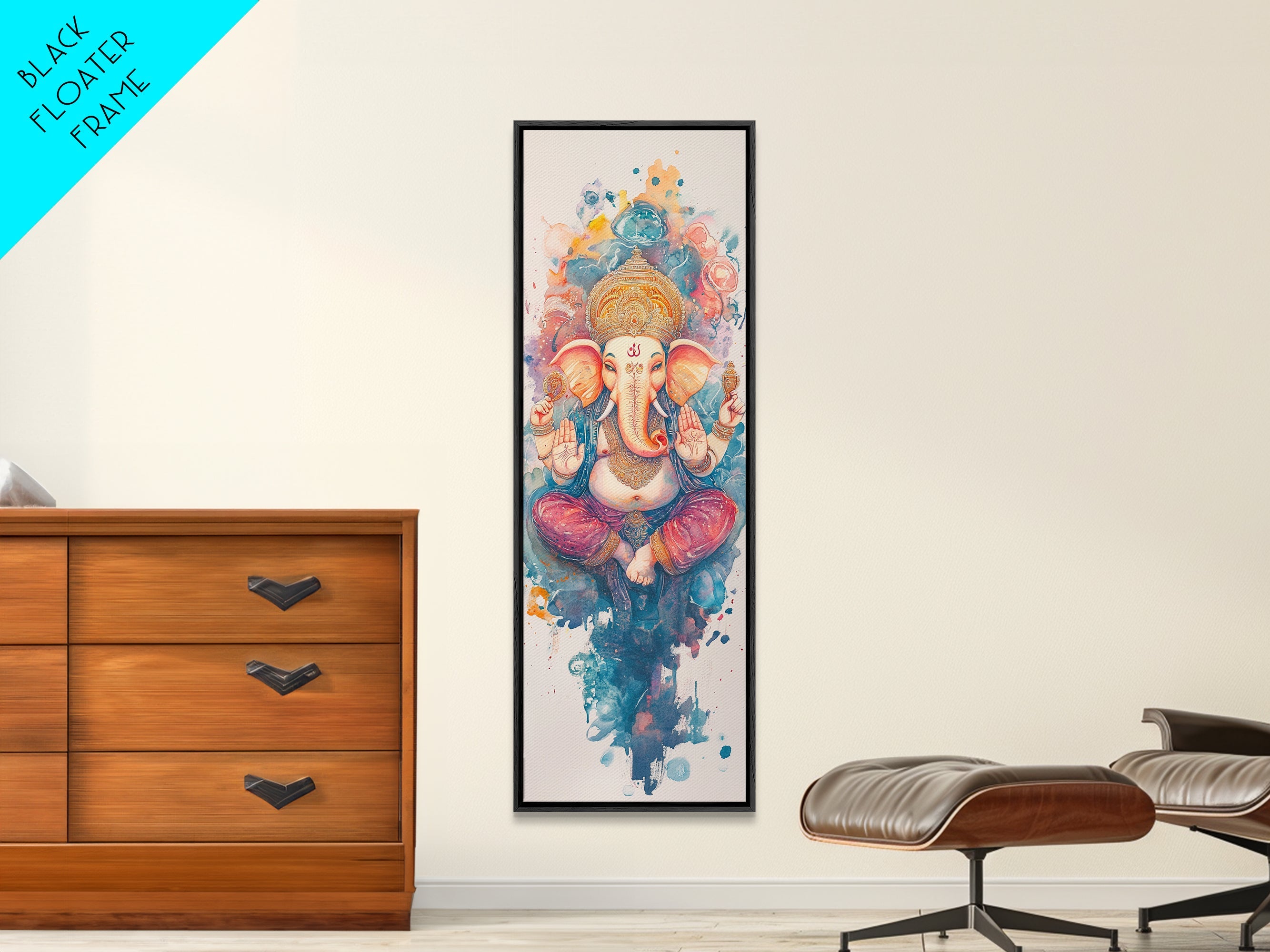 Ganesh wall art spiritual framed canvas print, Hindu god art, vibrant festival decor, meditation room art, sacred Indian home decor