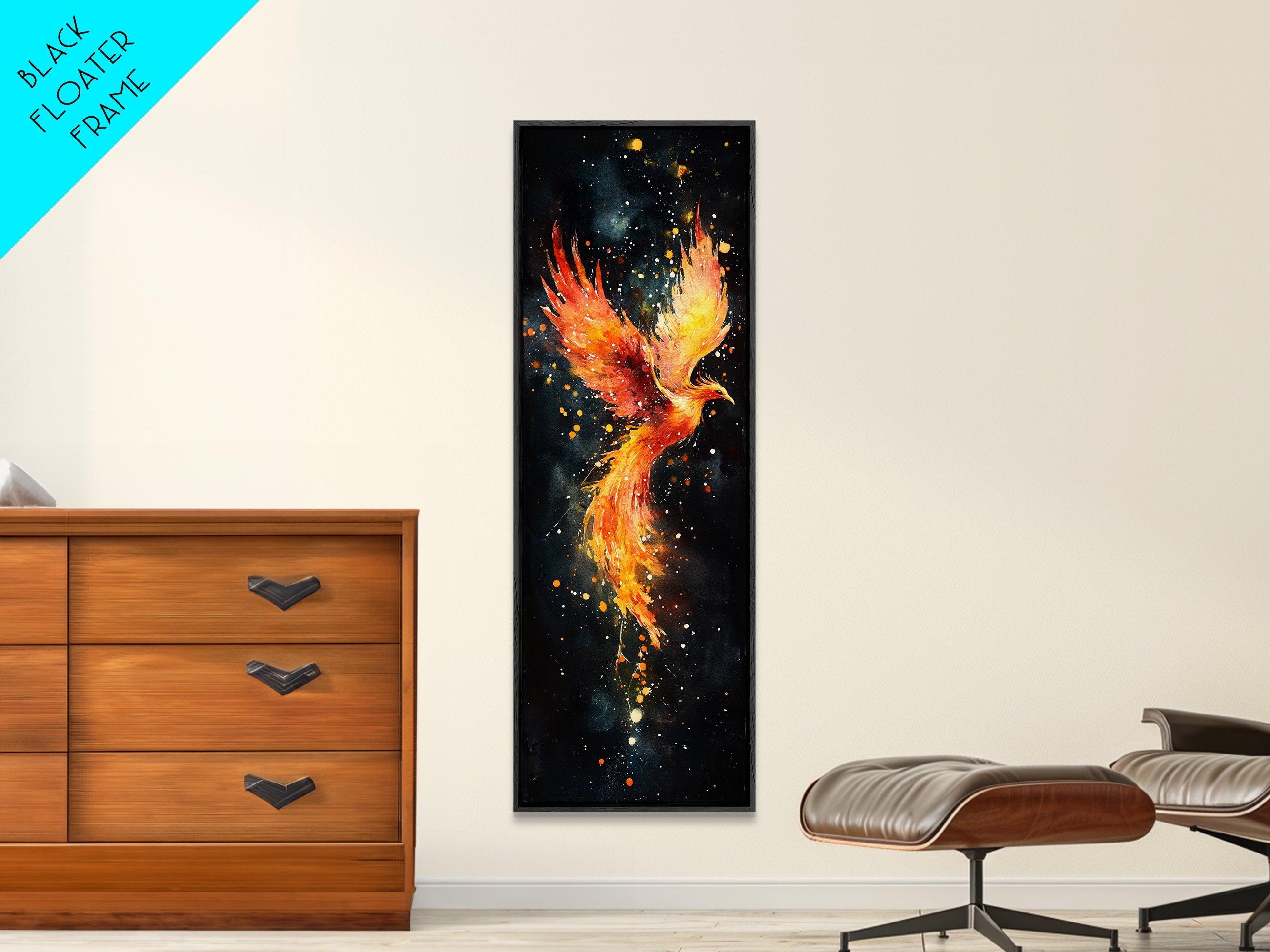 Radiant Phoenix in Flight Canvas Print, Framed Tall Wall Art, Unique Living Room Decor, Firebird Painting for Spiritual Art Lovers | | Wiccan Center