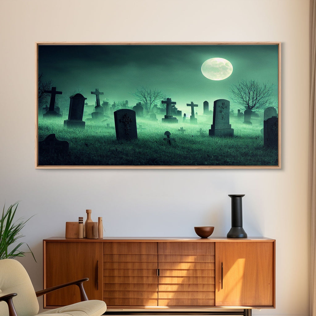 Full Moon Over A Haunted Cemetery At Night, Spooky Creepy Graveyard, ready to hang canvas print wall art, Halloween Art | | Wiccan Center