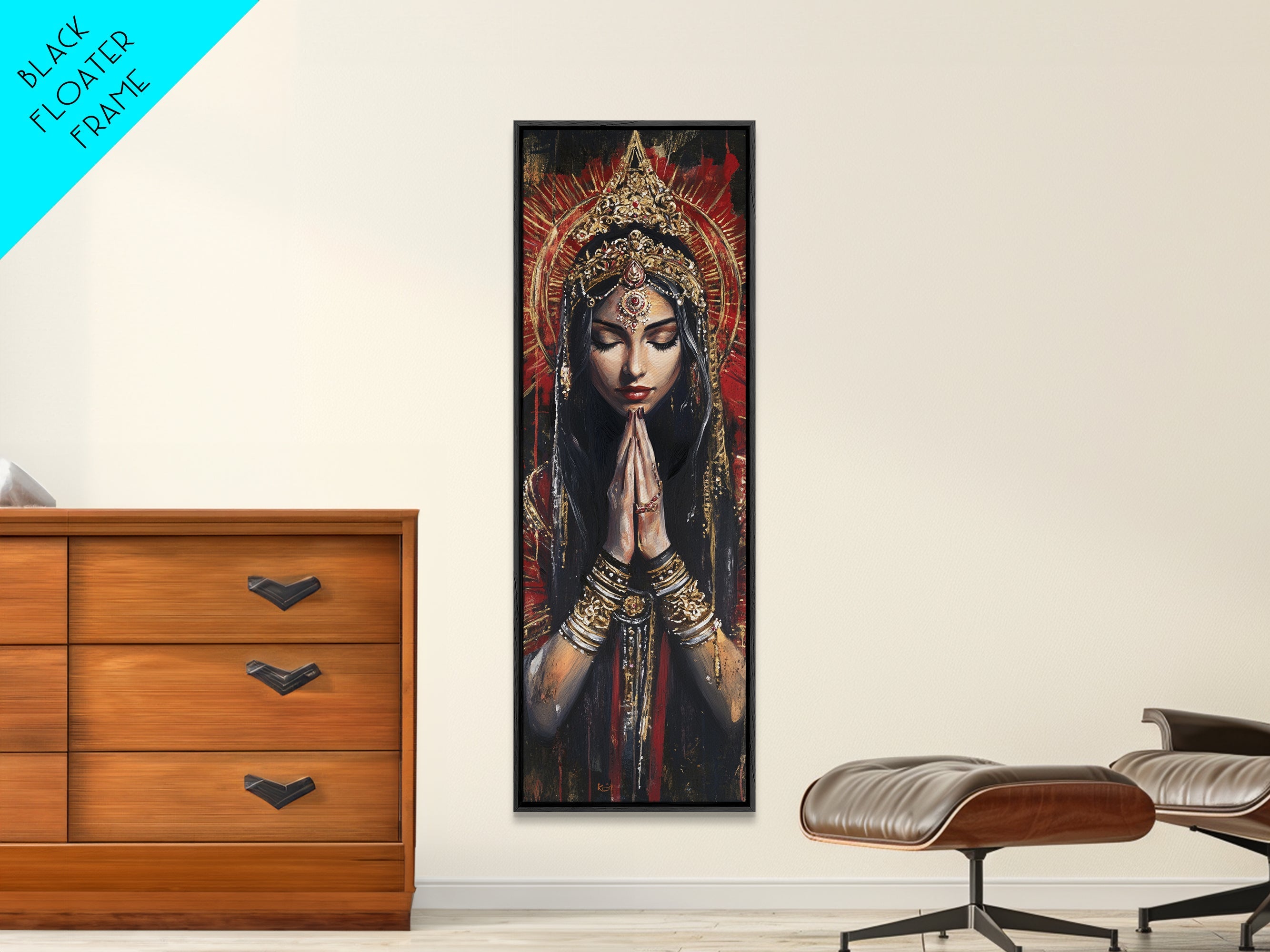 Goddess Prayer Painting Framed Canvas Print, Kerala Mural Art with Rich Red and Gold, Dark Angels Wall Art for Boho Bedroom Decor | | Wiccan Center