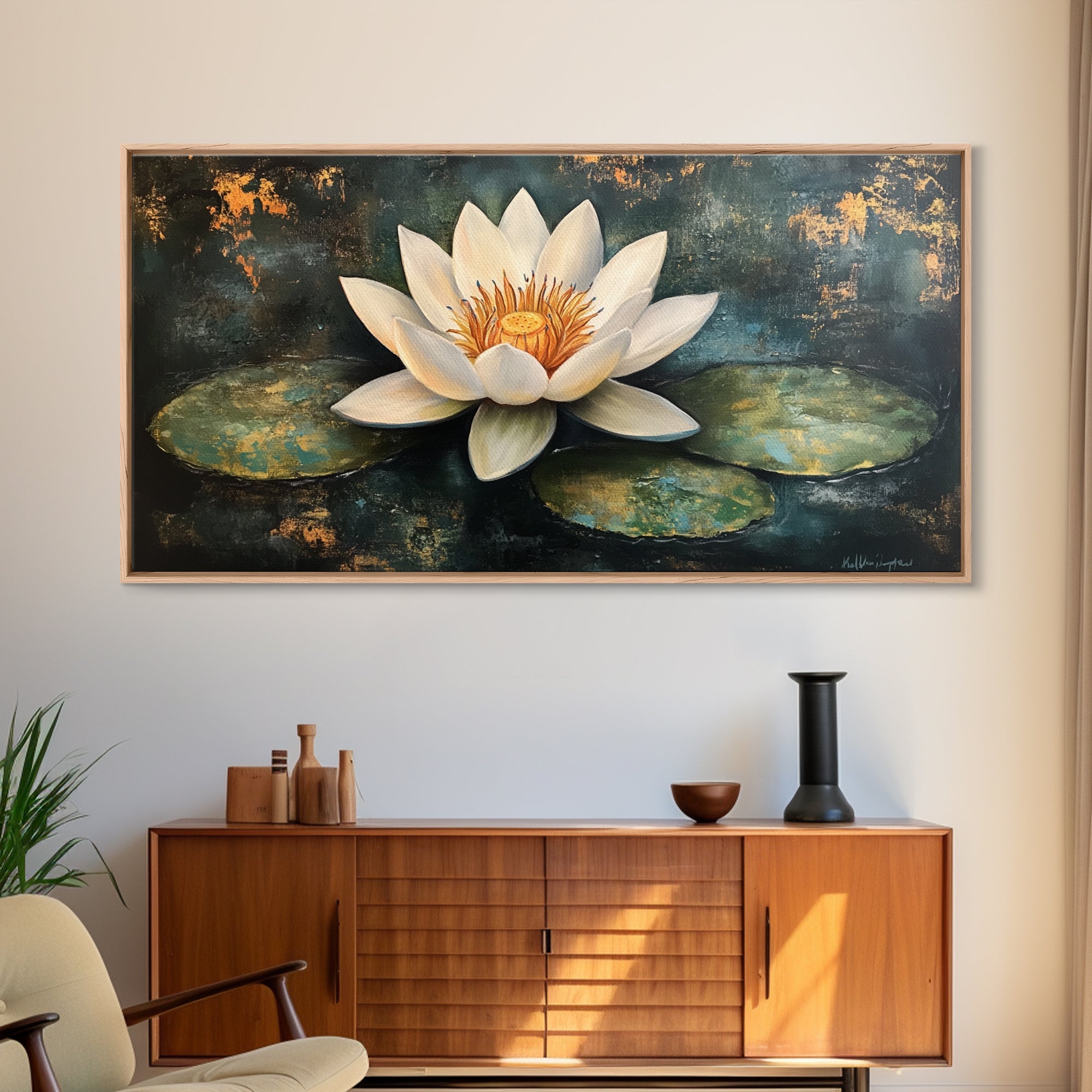 White Lotus, Framed Canvas Print, botanical prints, zen wall art, meditative decor, extra wide painting, spiritual art | | Wiccan Center