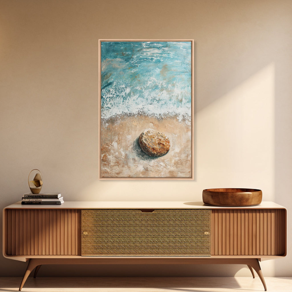 Serene Beach Stone Canvas Print Tranquil Ocean Art, Coastal Zen Wall Decor, Relaxing Beach House Style, Minimalist Seascape Painting | | Wiccan Center