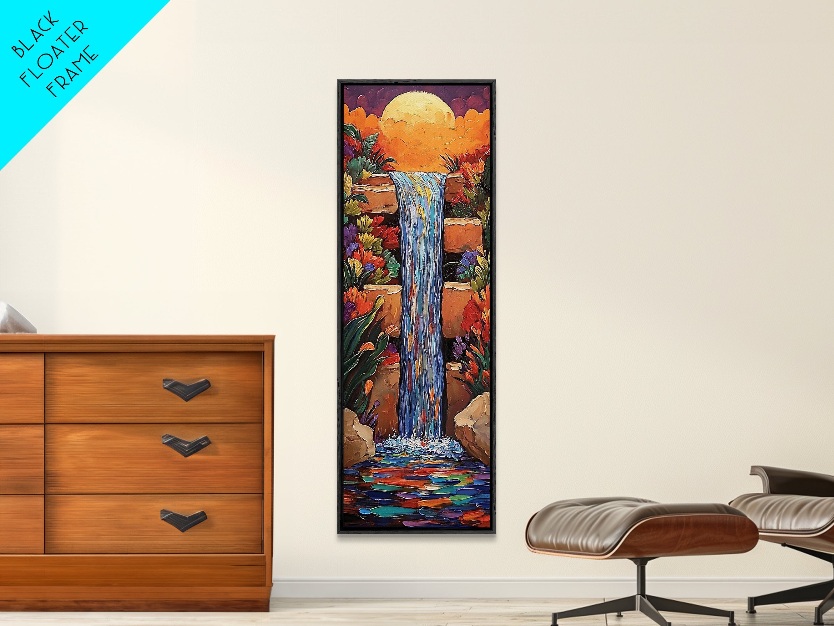 Sunset Waterfall, Flowers Fantasy, Framed Canvas Print, Vibrant landscape art, living room boho decor, magical nature scene | | Wiccan Center