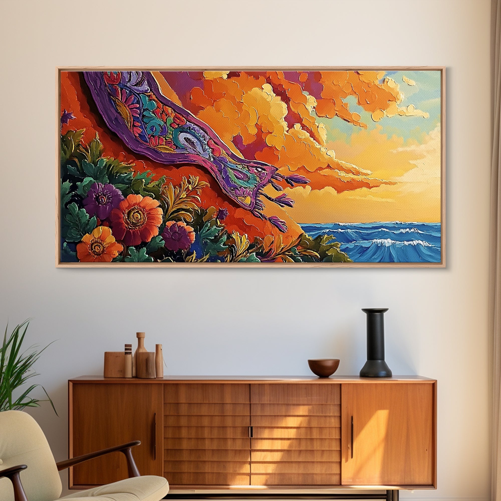 Sunset Coast, Rug, Framed Canvas Print, Sunset Beach Art, Magic Carpet Illustration, Vibrant Coastal Decor, Dreamy Bedroom Art | | Wiccan Center