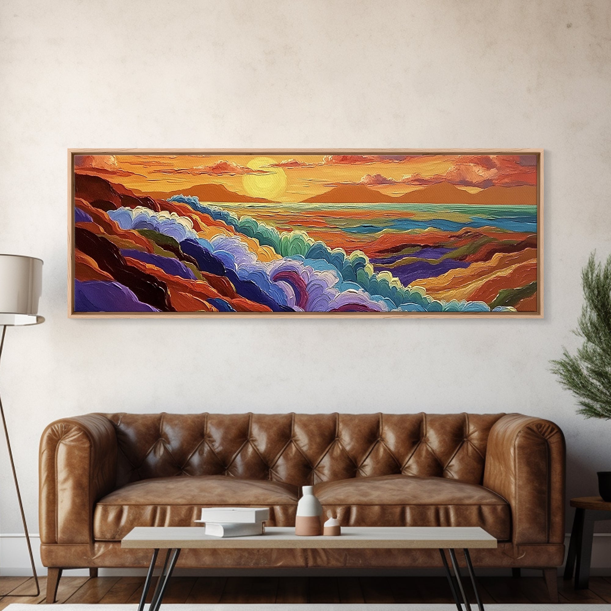 Rainbow Waves, Abstract Seascape, Sunset Magic, Bold Ocean Energy, Framed Canvas Print, Modern Wall Art, Artistic Living Room Decor