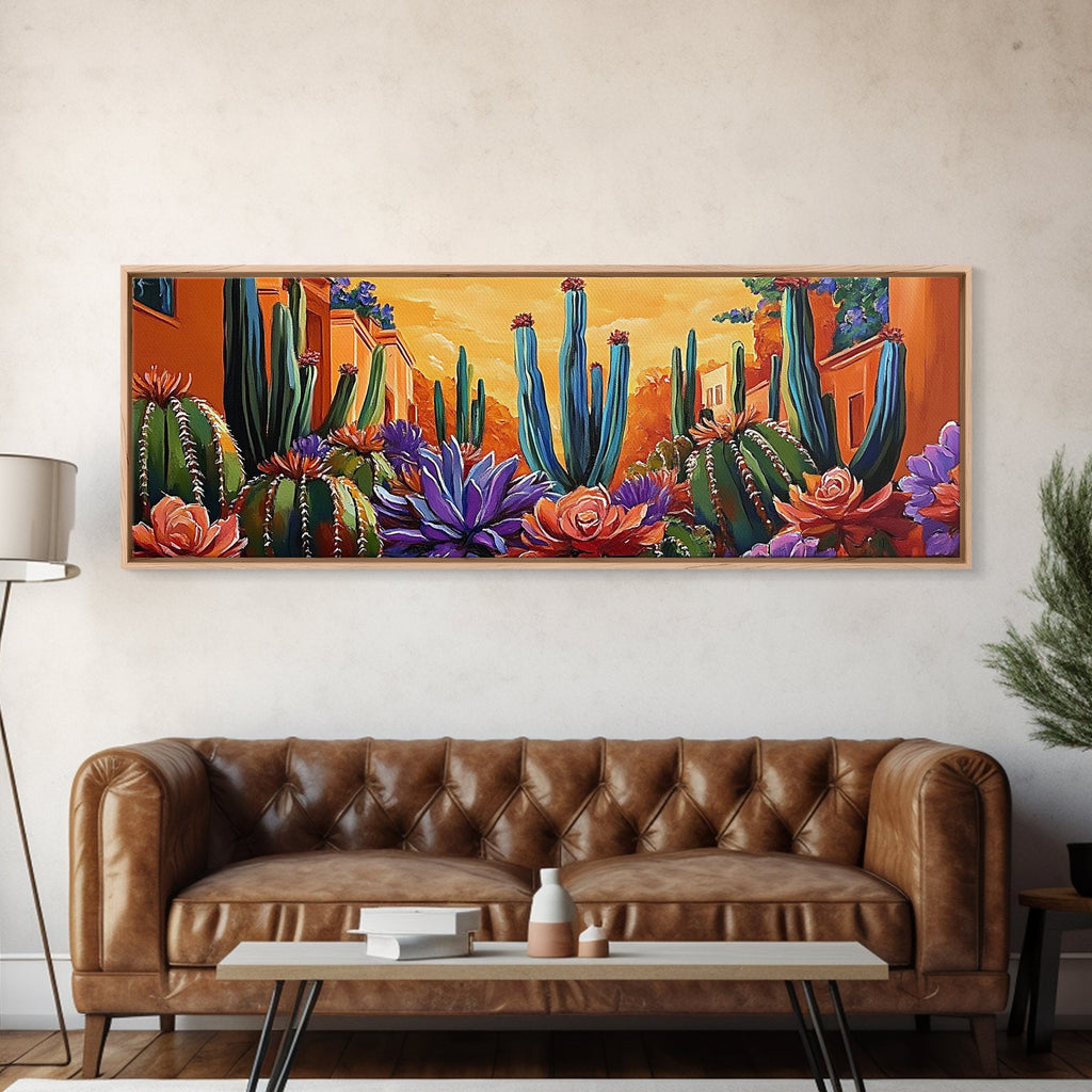 Desert Garden Magic, Colorful Cactus Landscape, Urban Nature Art, Framed Canvas Print, Living Room Southwest Decor, Boho Sunset Wall Art | | Wiccan Center