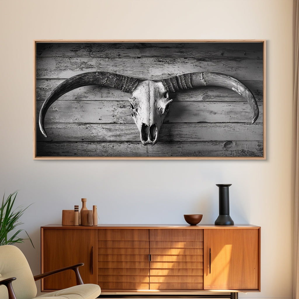 Bull Skull, Rustic Horns, Western Cabin Decor, Weathered Wood, Framed Canvas Print, Farmhouse Wall Art, Cowboy Office Decor, Rustic Wall Art | | Wiccan Center