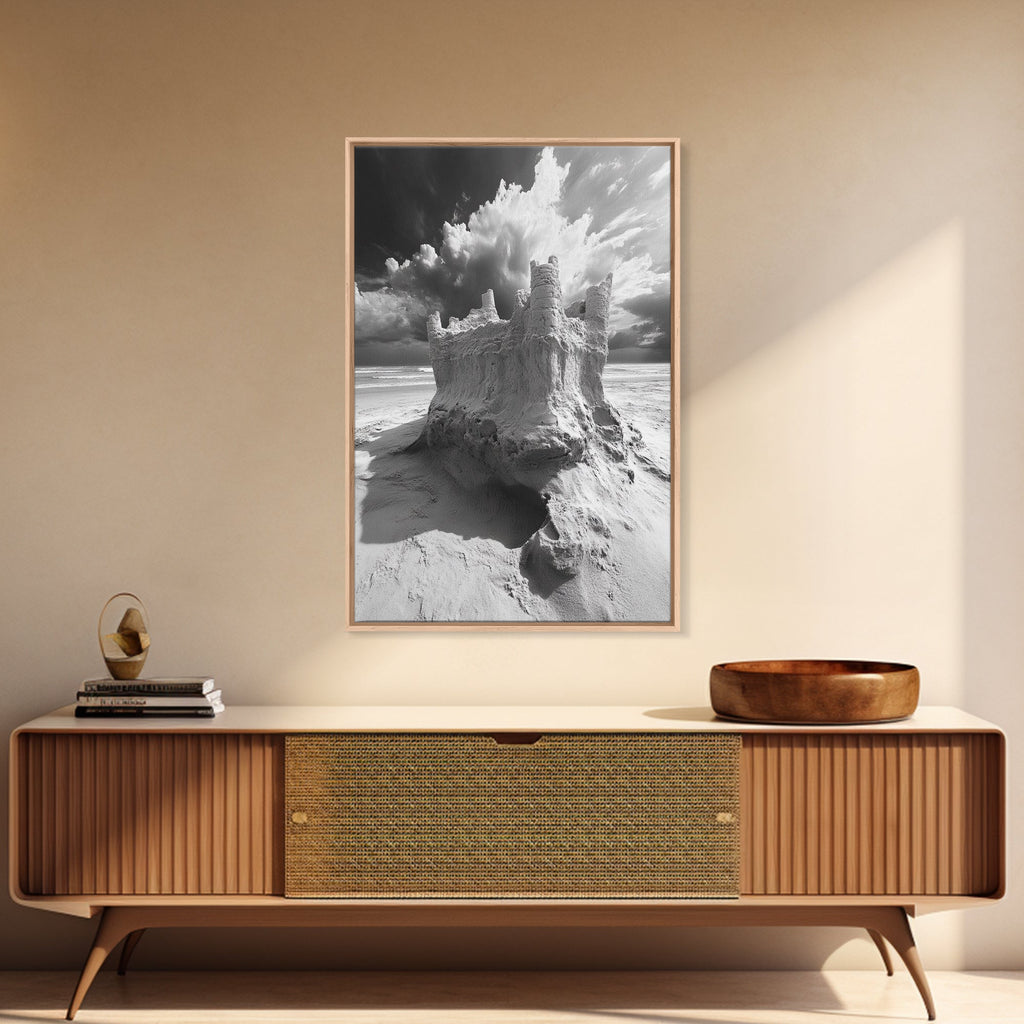 Sand Castle, Beach Fantasy, Dramatic Sky, Coastal Fortress, Framed Canvas Print, whimsical decor, kids room wall art, fairytale beach scene | | Wiccan Center