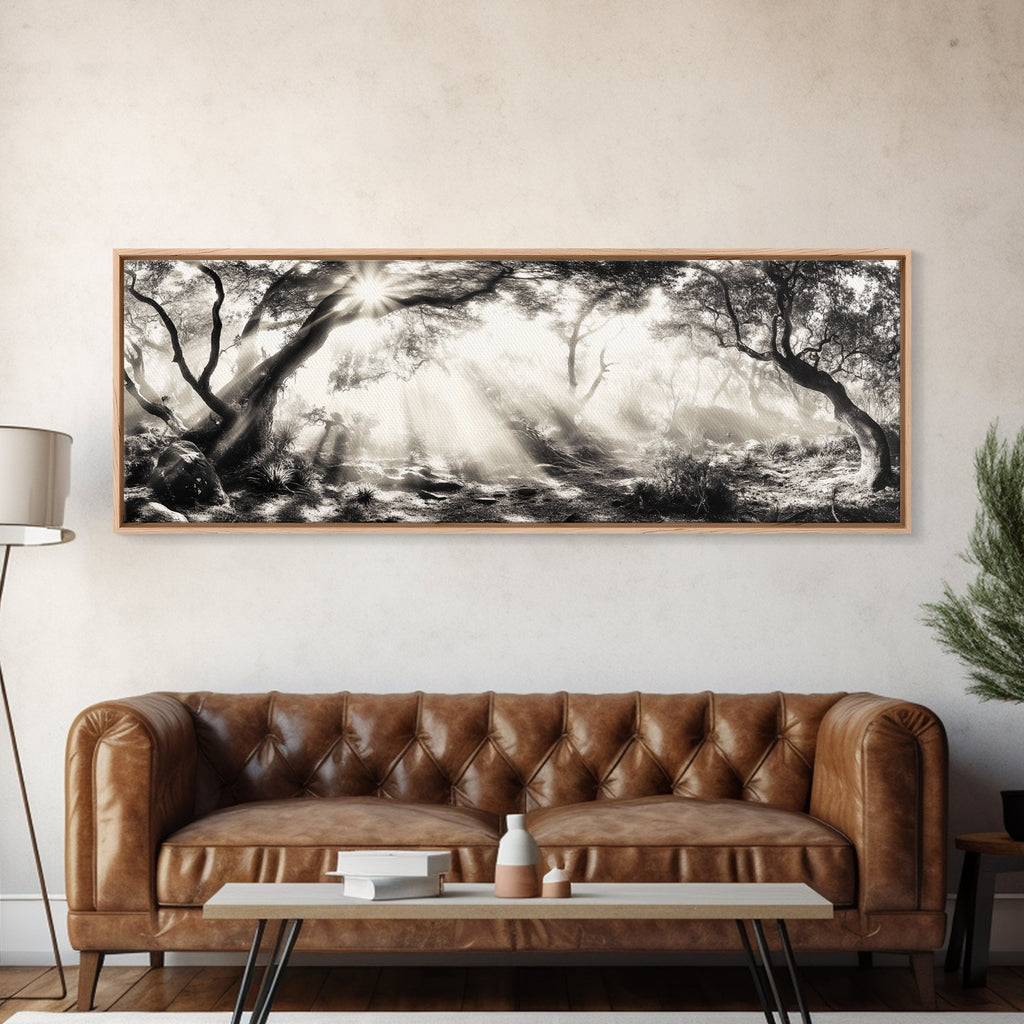 Enchanted Forest, Sunlight Rays, Dreamy Woodland, Framed Canvas Print, boho nature decor, spiritual wall art, bedroom forest scene | | Wiccan Center