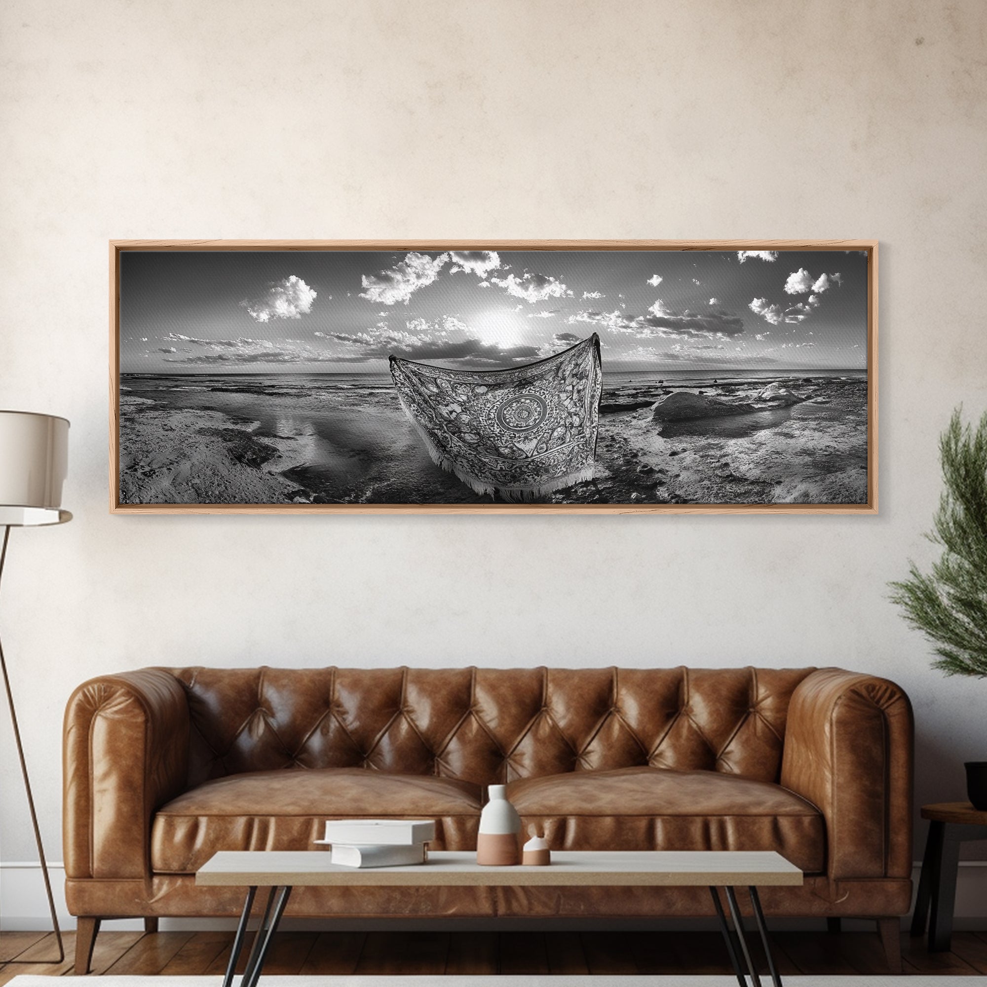 Sunset Sea, Magic Carpet, Ocean Ritual, Ethereal Coastal, Framed Canvas Print, Boho Wall Art, Living Room Decor, Surreal Beach Photography | | Wiccan Center