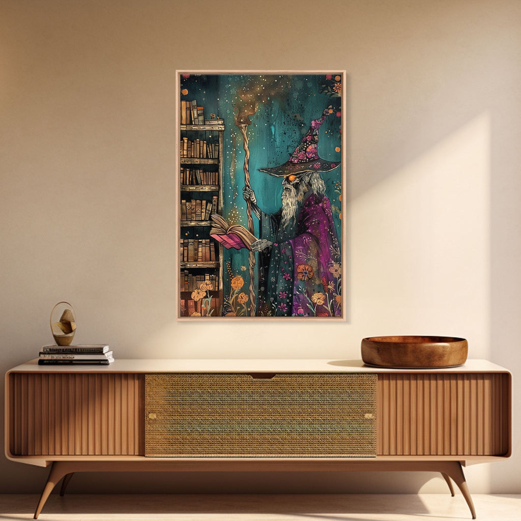 Halloween Eerie Wizard in Haunted Library Framed Canvas Print, Gothic Wall Art, Home Decor, Witchcraft Decor, Gift Idea, Enchanted Study | | Wiccan Center