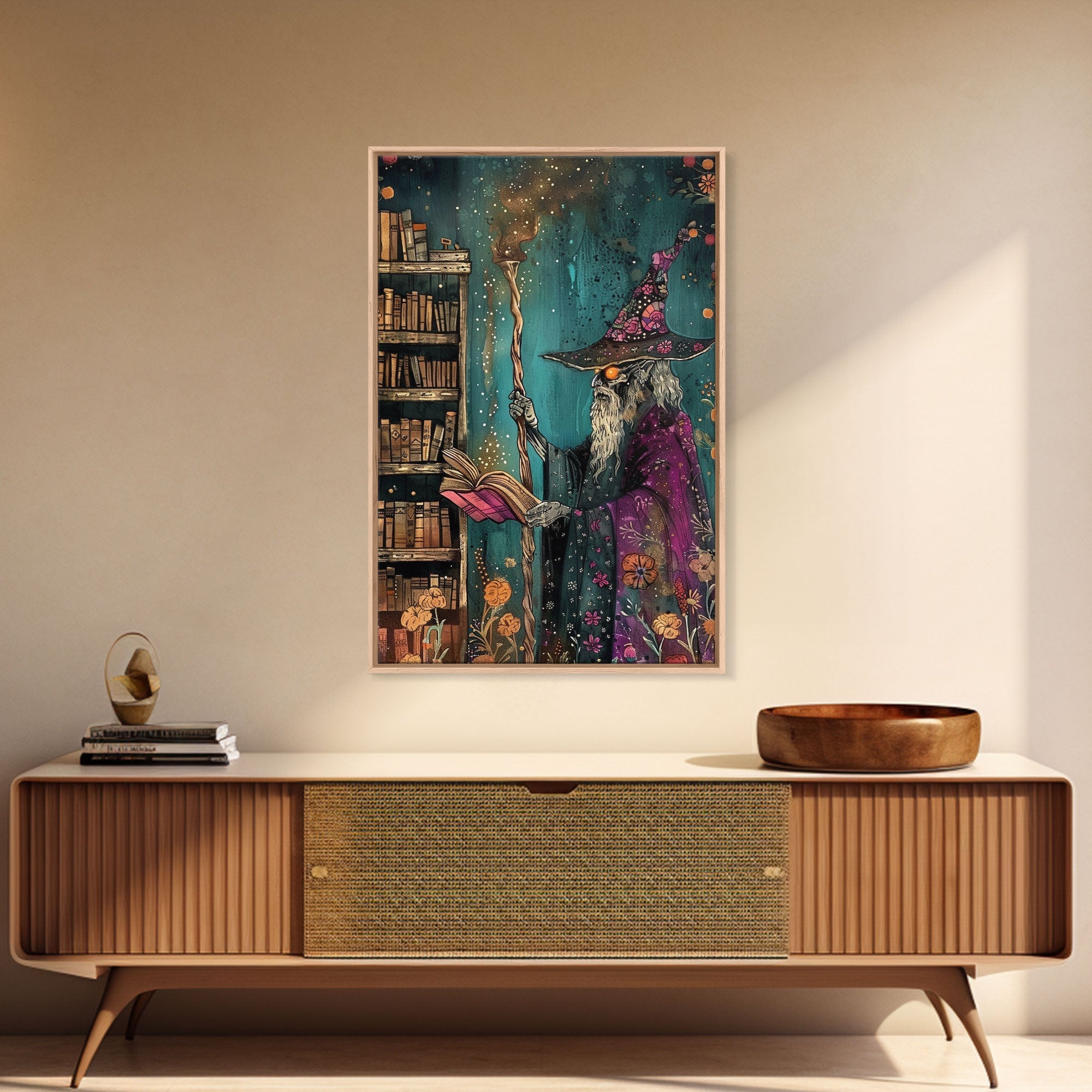 Halloween Eerie Wizard in Haunted Library Framed Canvas Print, Gothic Wall Art, Home Decor, Witchcraft Decor, Gift Idea, Enchanted Study | | Wiccan Center