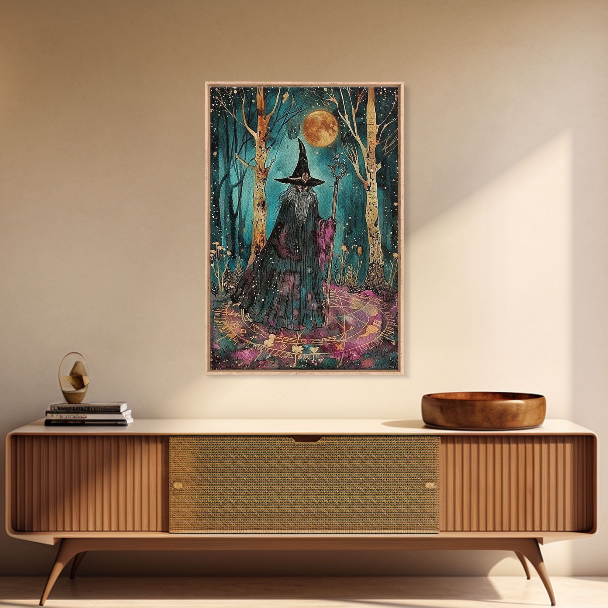 Halloween Wizard in Forest, Framed Canvas Print, Wall Art, Home Decor, Spooky Artwork, Magic Decor, Halloween Decor Painting, Holiday Decor | | Wiccan Center
