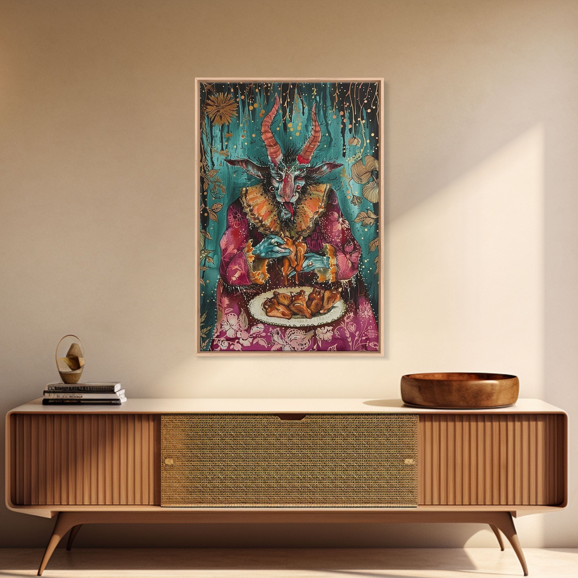 A demon eating some hot wings - hope he didn't sell his soul for them they look pretty good! Halloween Wall Art Framed Canvas | | Wiccan Center