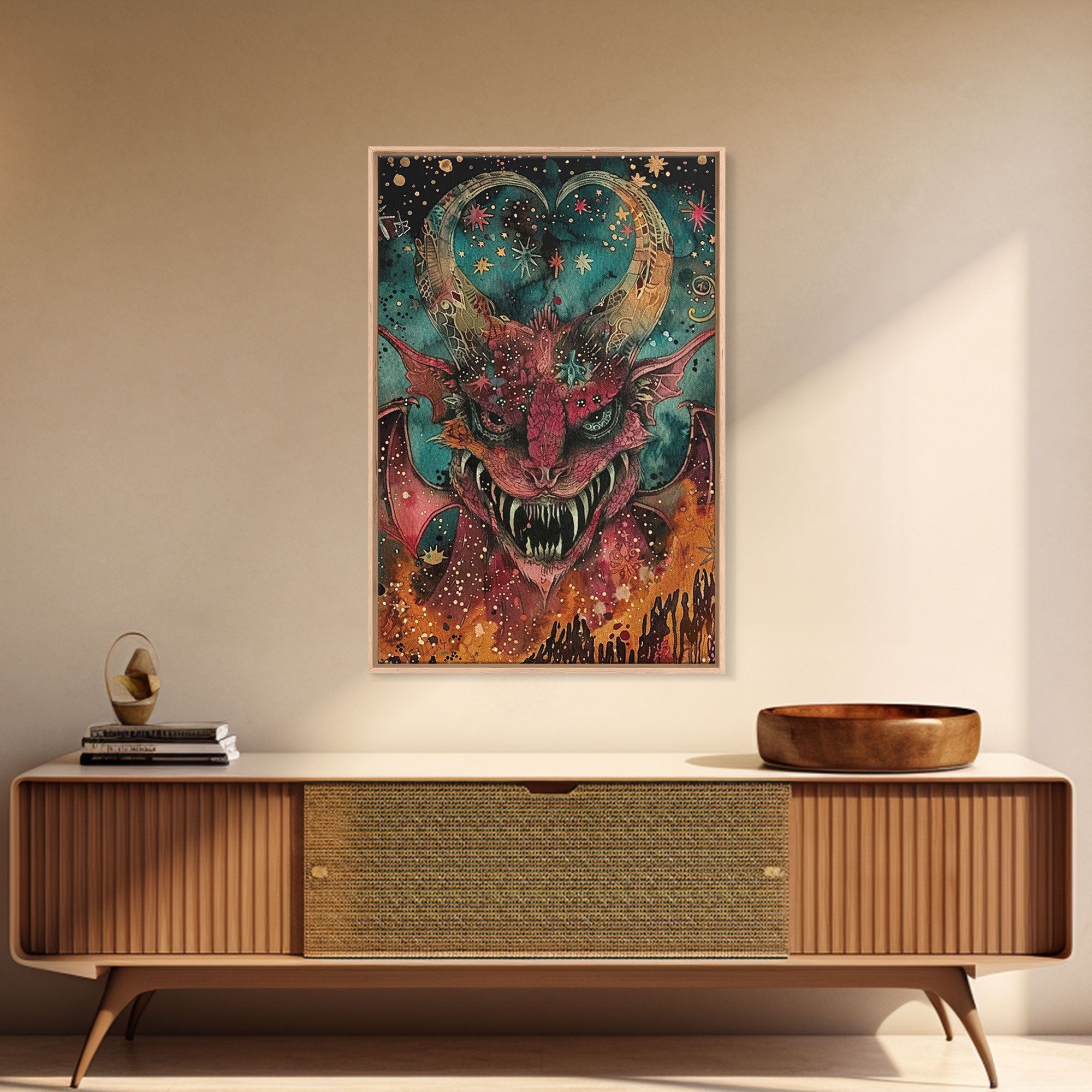 Fantastical Demon with Stars Framed Canvas Print | Halloween Monster Art | Spooky Starry Art | Scary Demon Art for Home Decoration | | Wiccan Center